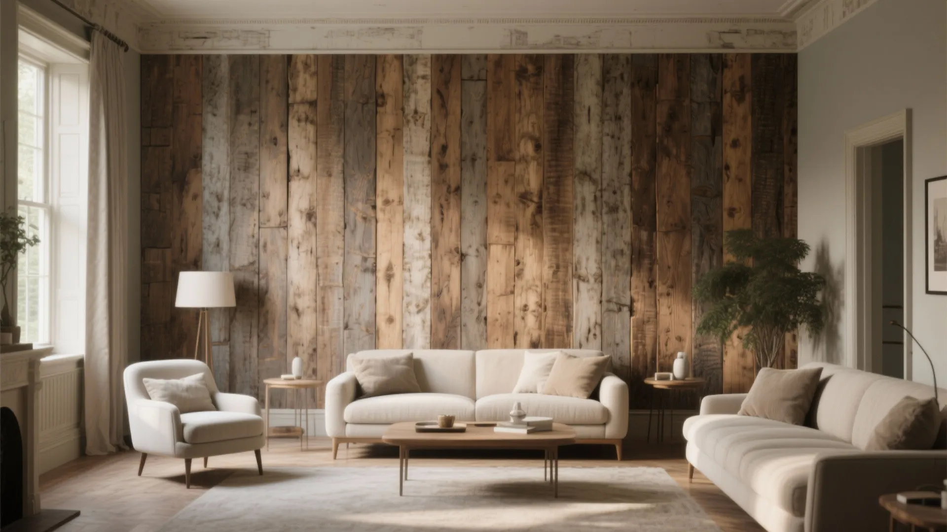 Modern living room with rustic wood panel wall, cream sofas, armchair, coffee table, and natural light