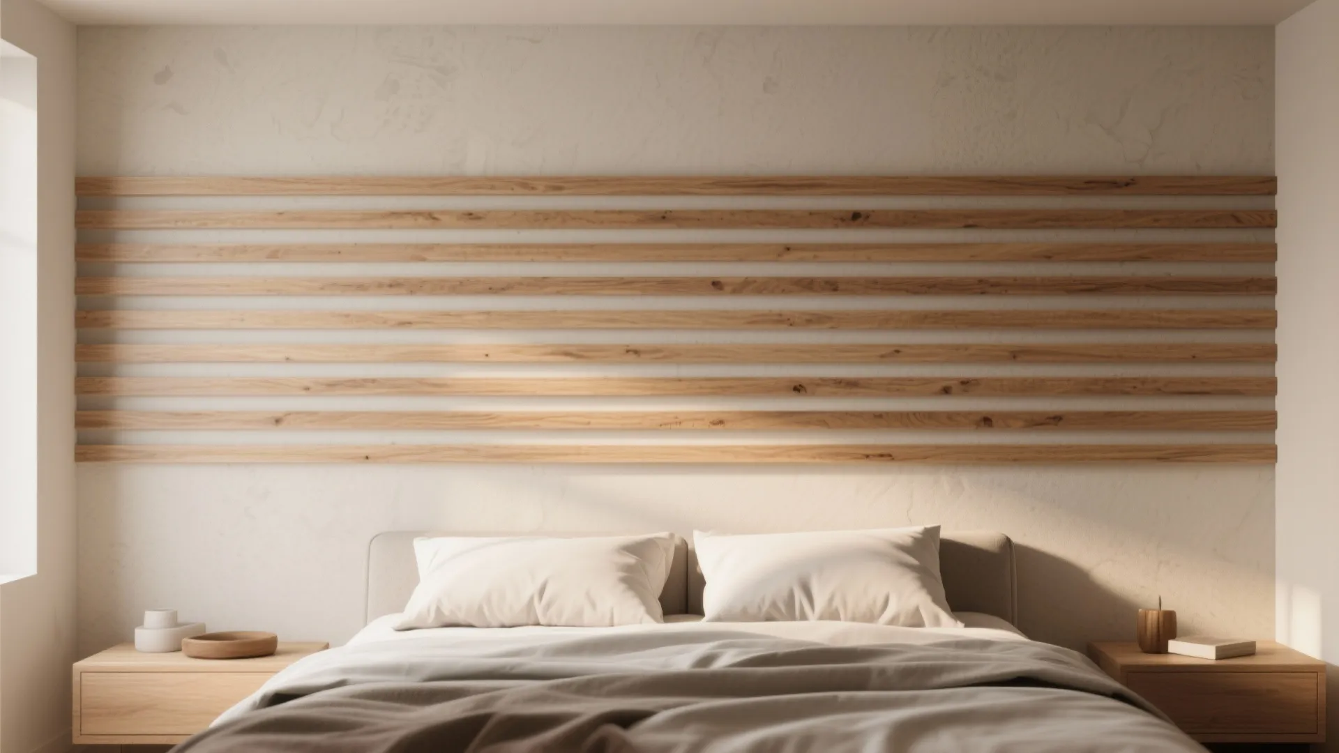 Bedroom with a horizontal wood slat accent wall that visually widens the space.
