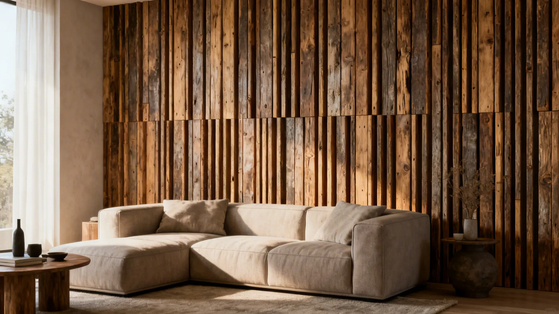 Small living room with a textured wood batten accent wall and warm decor