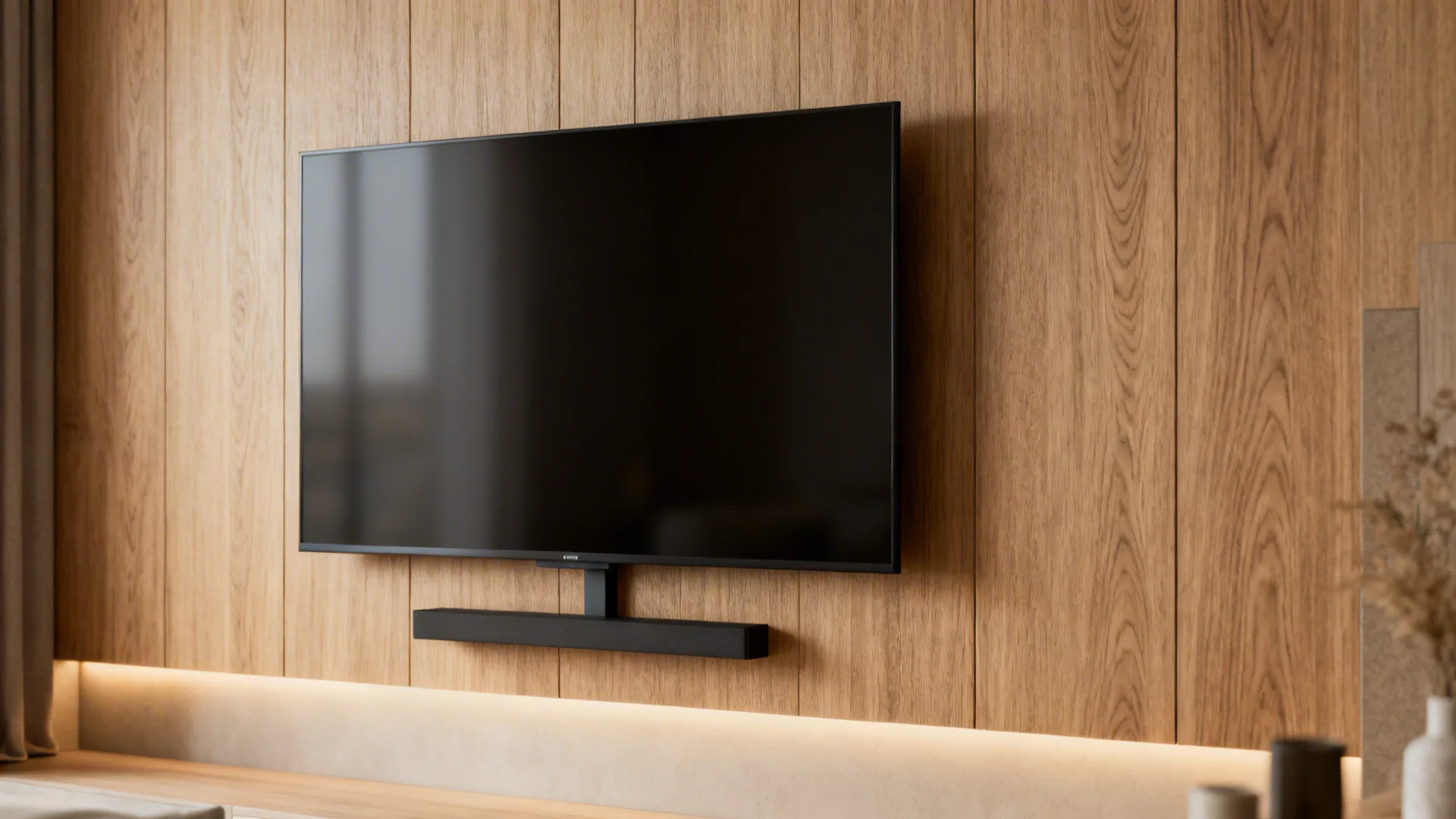 Matte wood veneer accent wall behind a 65-inch TV to warm the space and reduce glare.
