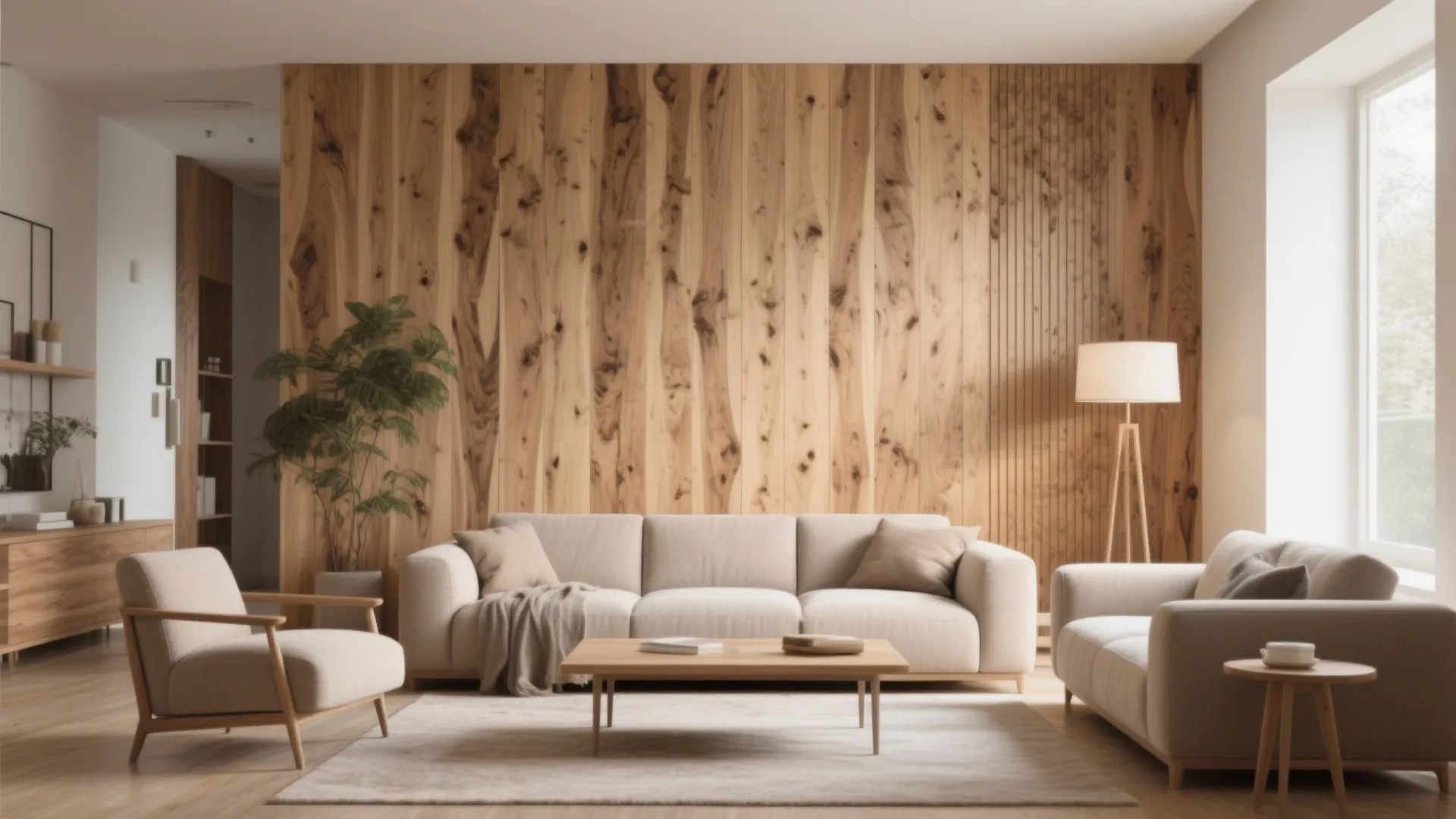 Bright living room with light wood wall panel cream sofa wooden coffee table and natural light