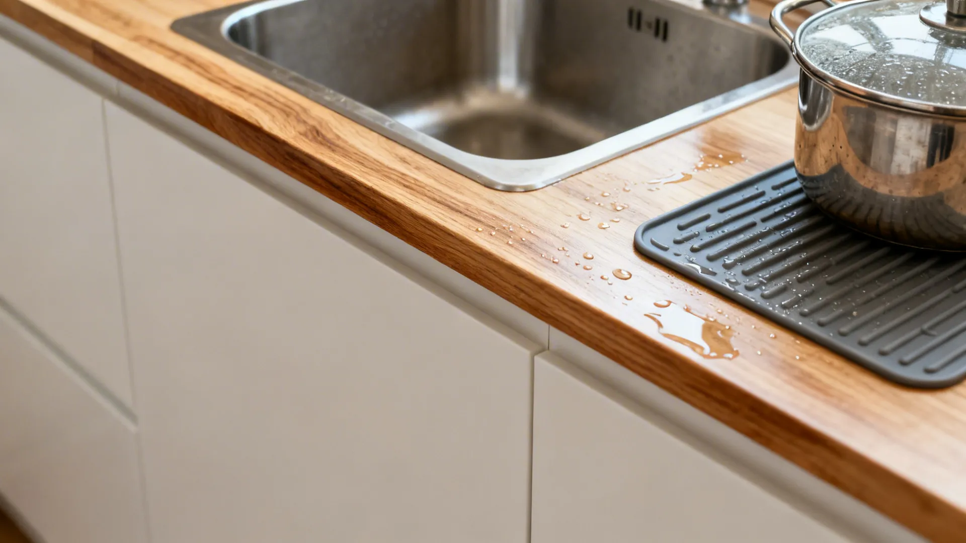 Sealed white oak ledge and rail beside a sink with water-beading protection.