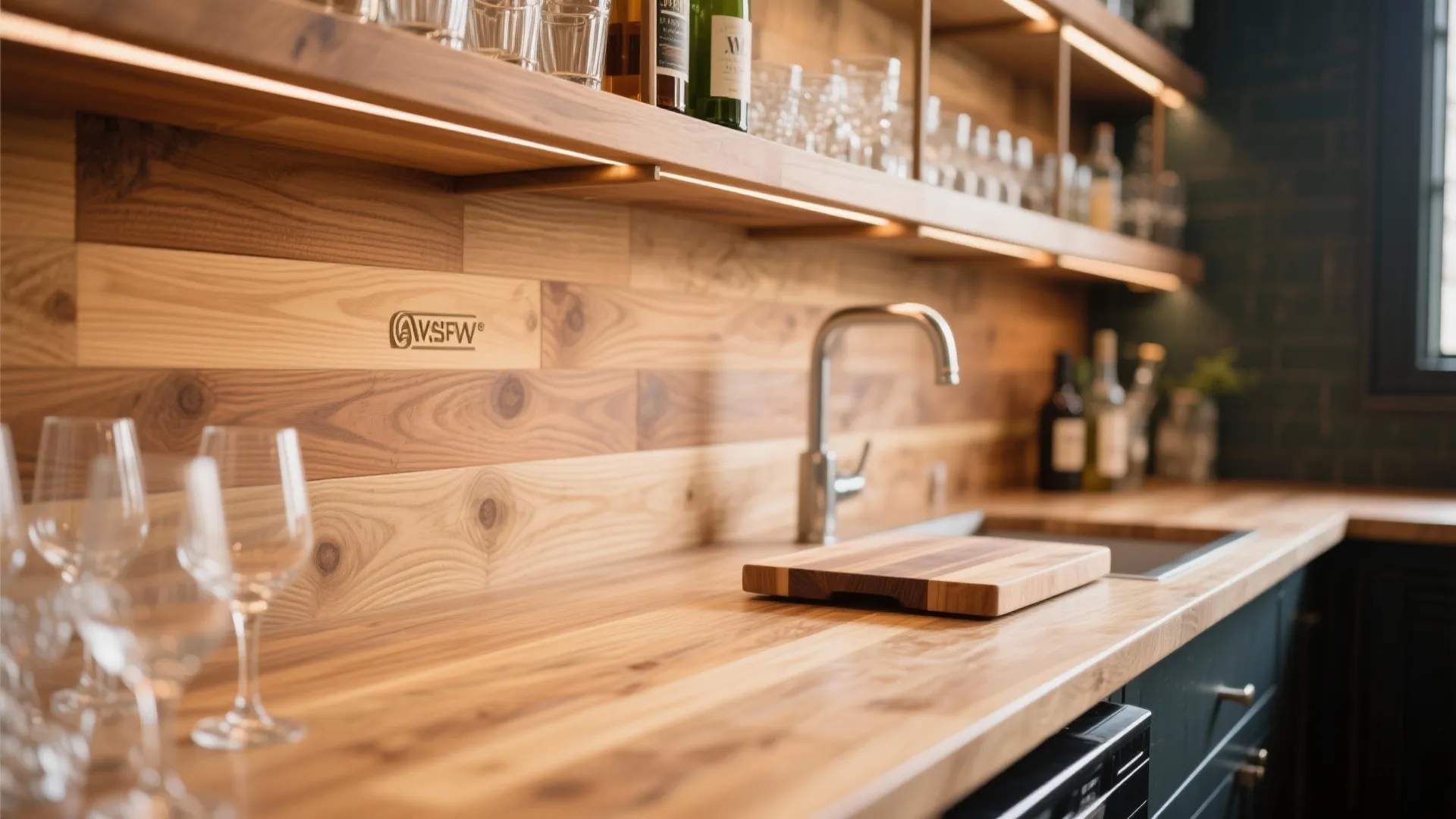 Wooden kitchen countertop with cutting board wine glasses sink and lighted wood wall panel shelves above