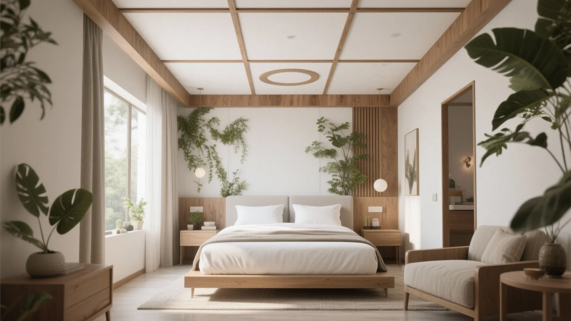 Bright bedroom featuring wood beam ceiling design, indoor plants, comfortable bed, and large glass windows