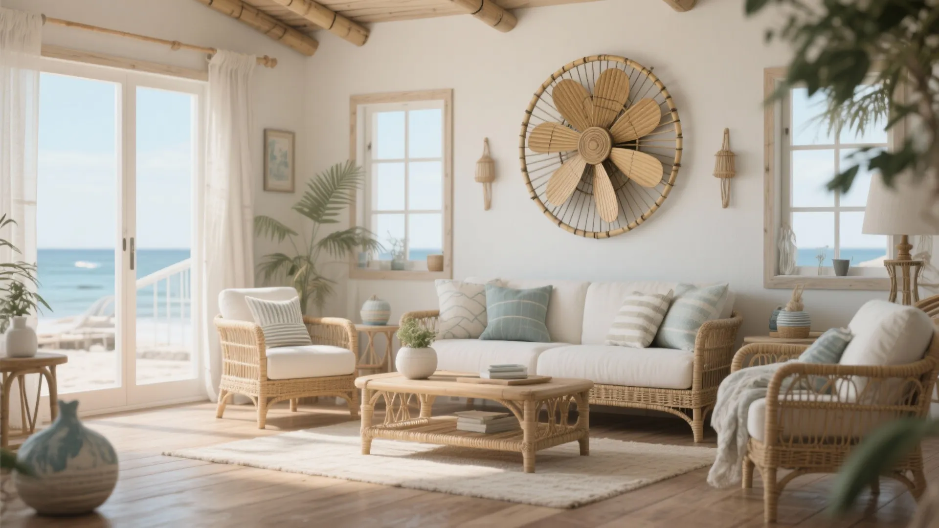 Coastal living room with bamboo wall fan