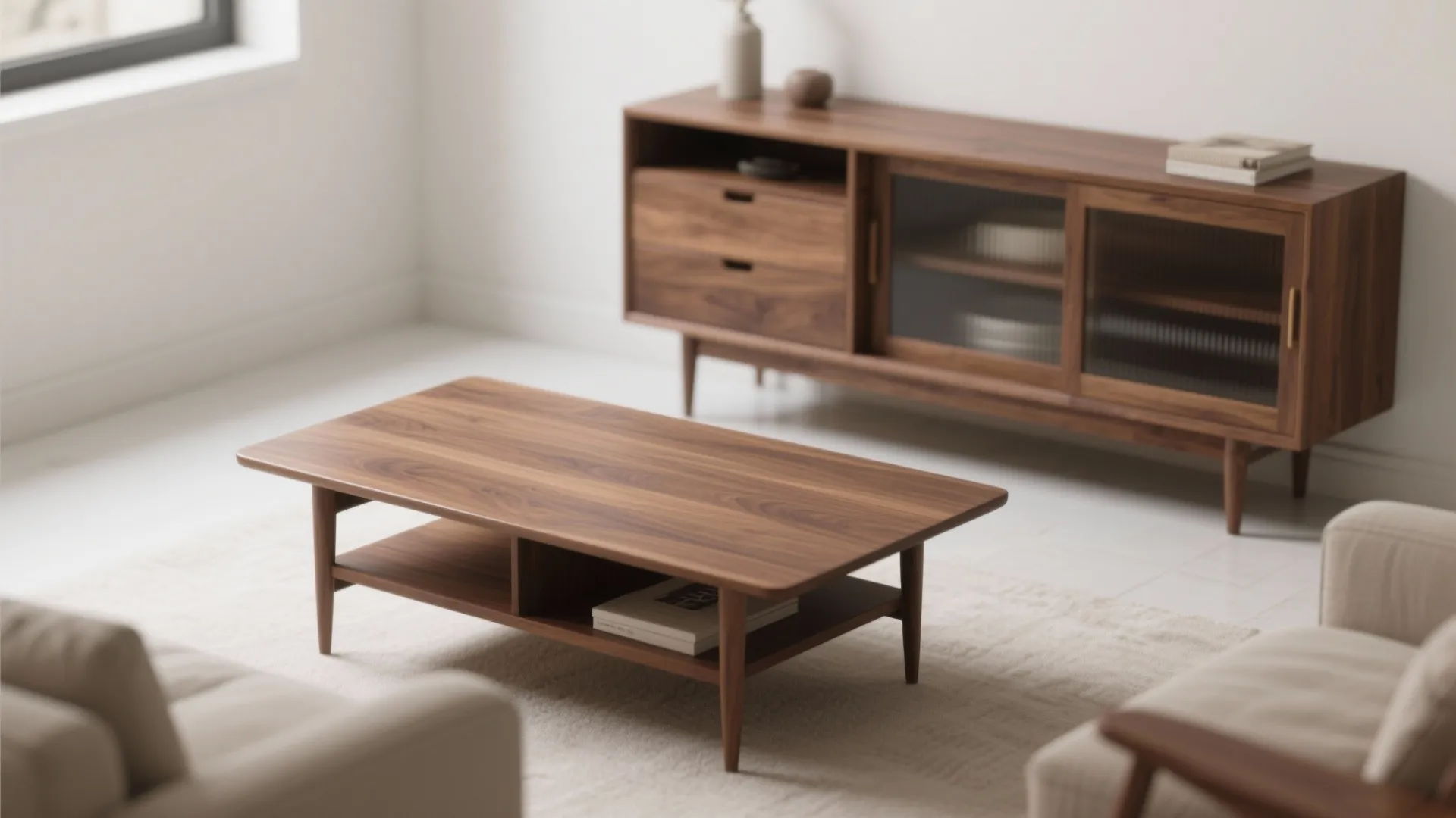 Modern wooden coffee table and matching storage cabinet placed in a bright white living room