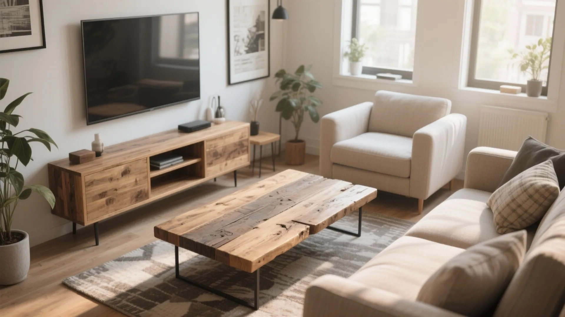 Modern living room featuring wood coffee table television cabinet armchair patterned rug and green plants