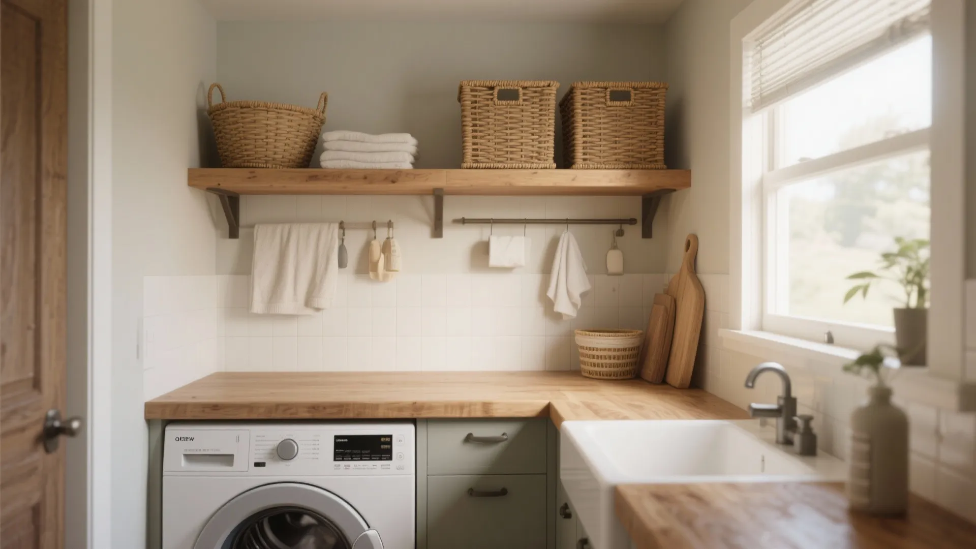 Laundry room with wooden countertops and shelves