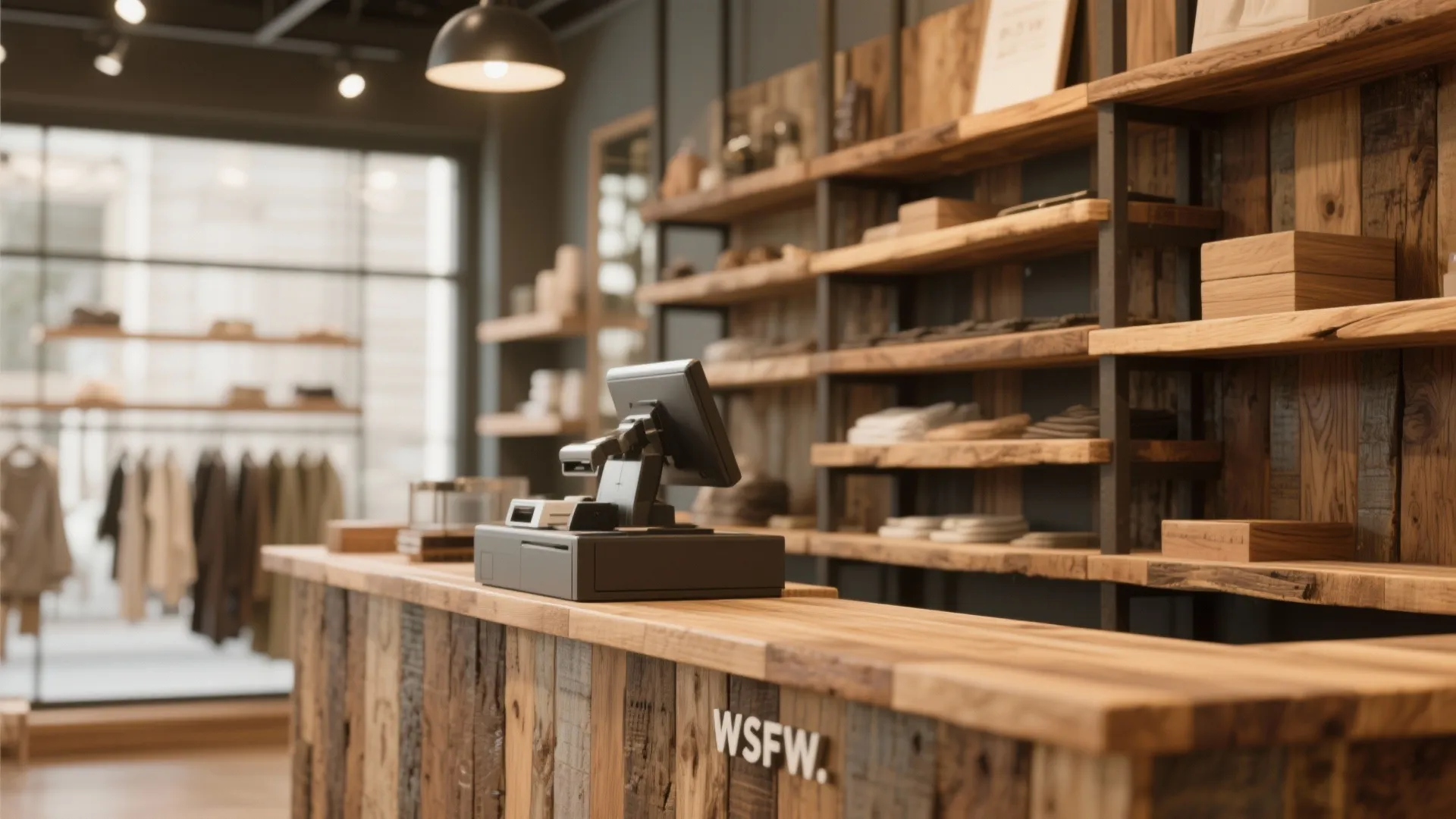 Wooden checkout counter with cash register and rustic wall shelves in a modern retail shop