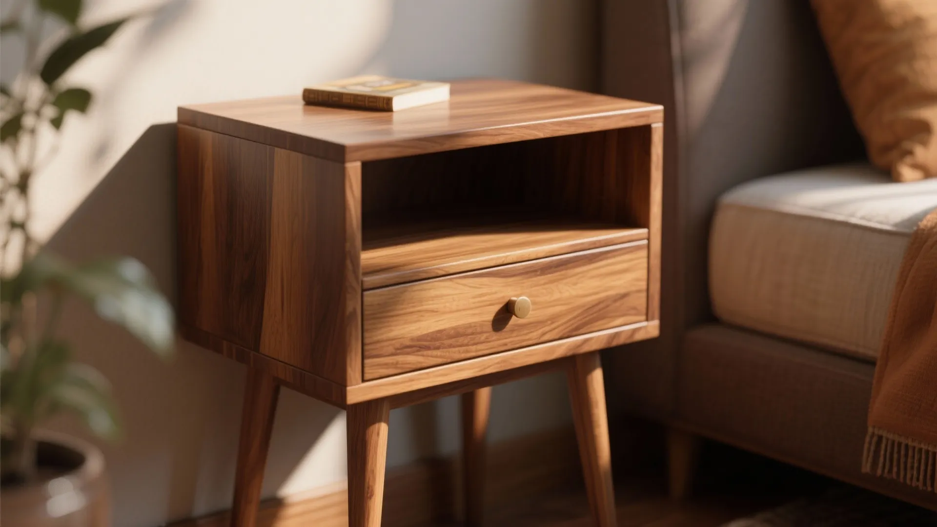 Modern wooden bedside table with one drawer and open shelf placed next to a bed