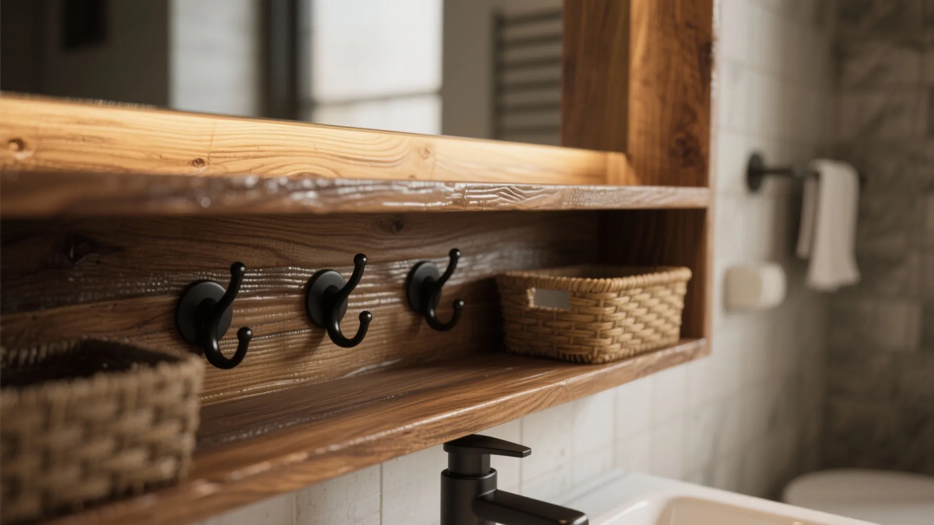 Close-up of sealed engineered oak vanity face and reclaimed wood shelf with warm grain and textured accents.