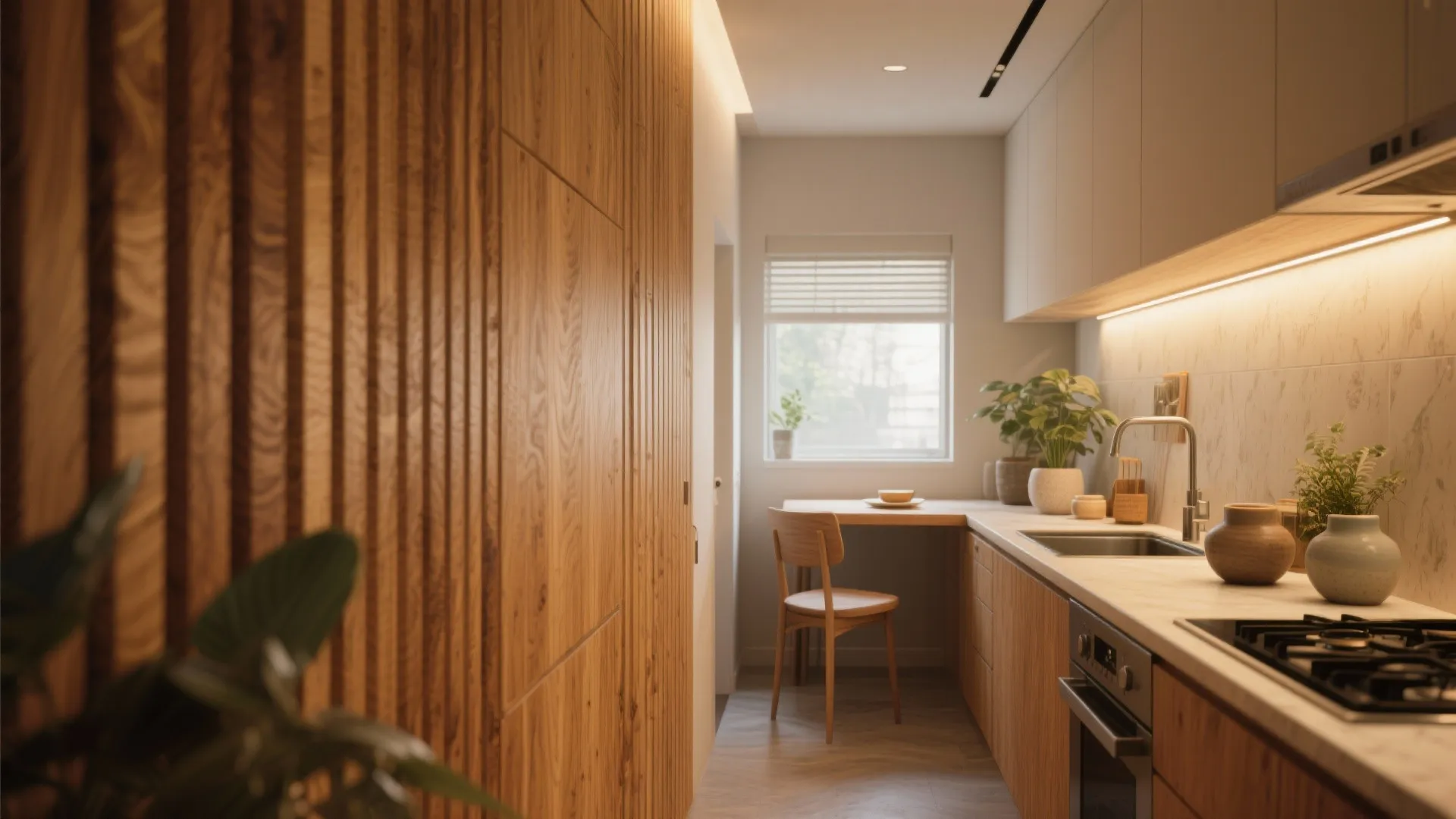 Narrow kitchen featuring wood wall panels, wooden dining chair, small window, and white marble countertop