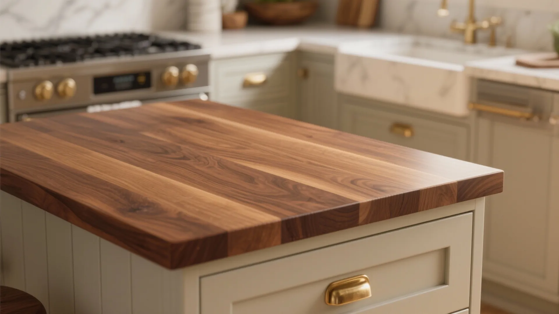 Close up of dark wood countertop on a light green kitchen island with gold handles