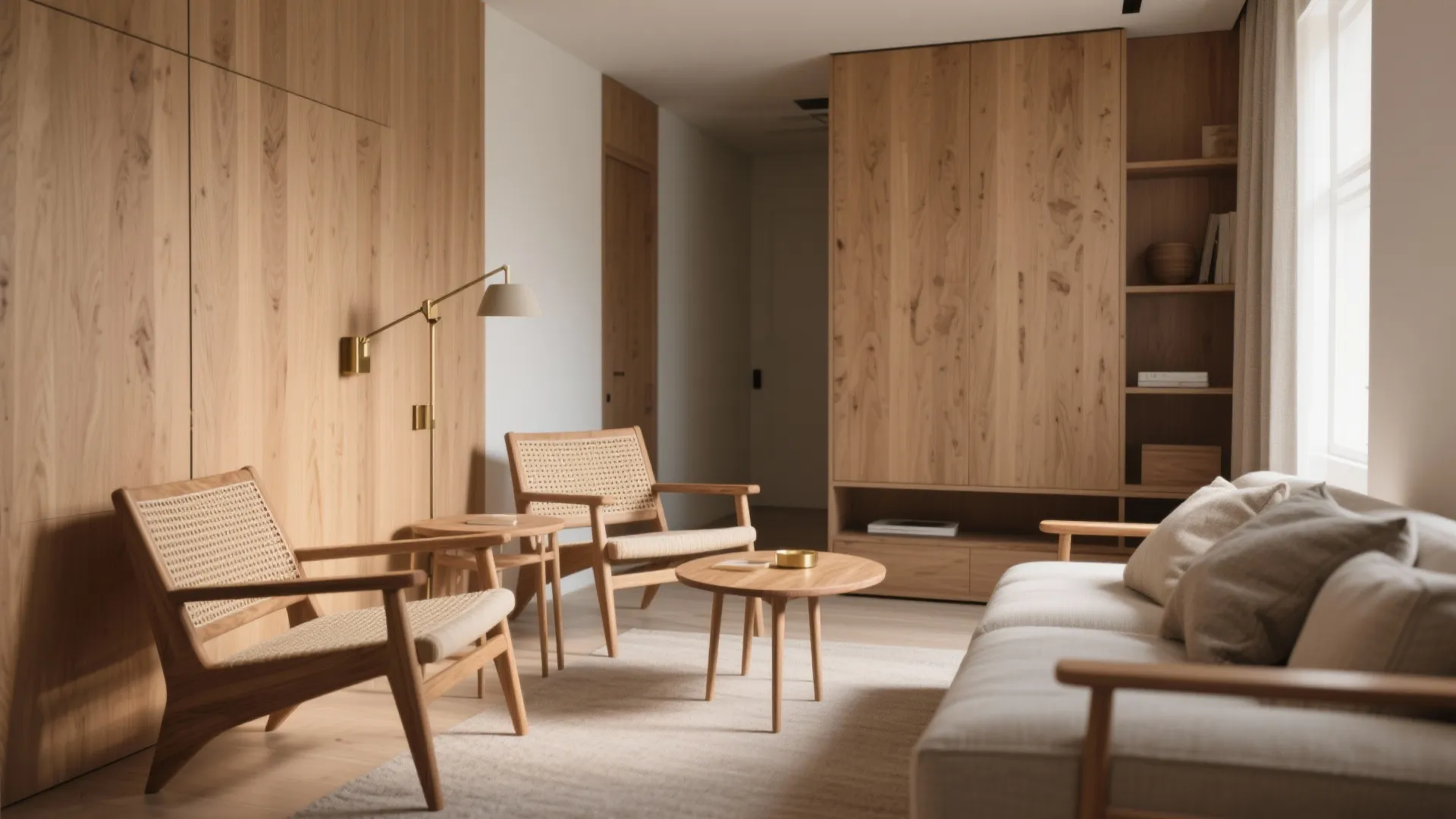 5. Wood Accents and Slim Armchairs