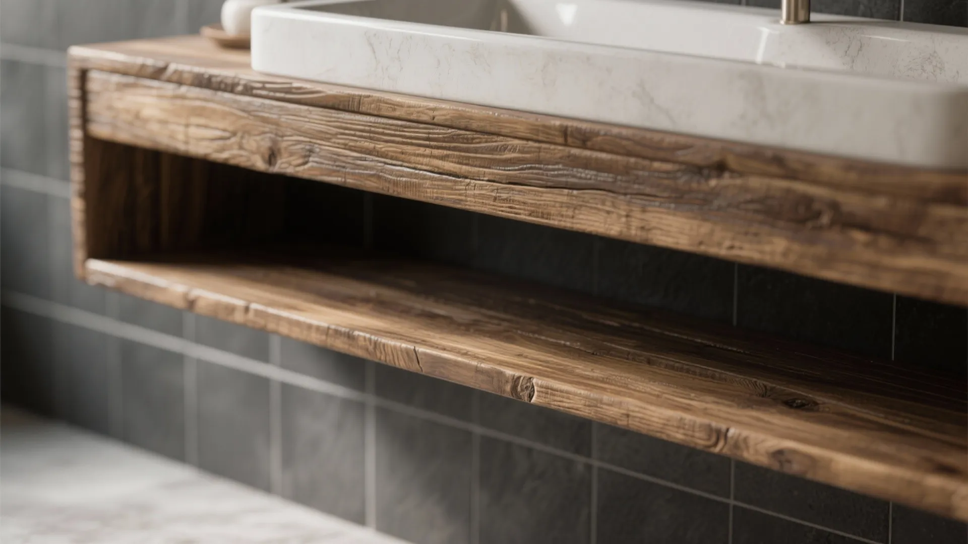 Reclaimed oak vanity face and teak shelf contrasted against dark grey tiles, showing warm wood grain.