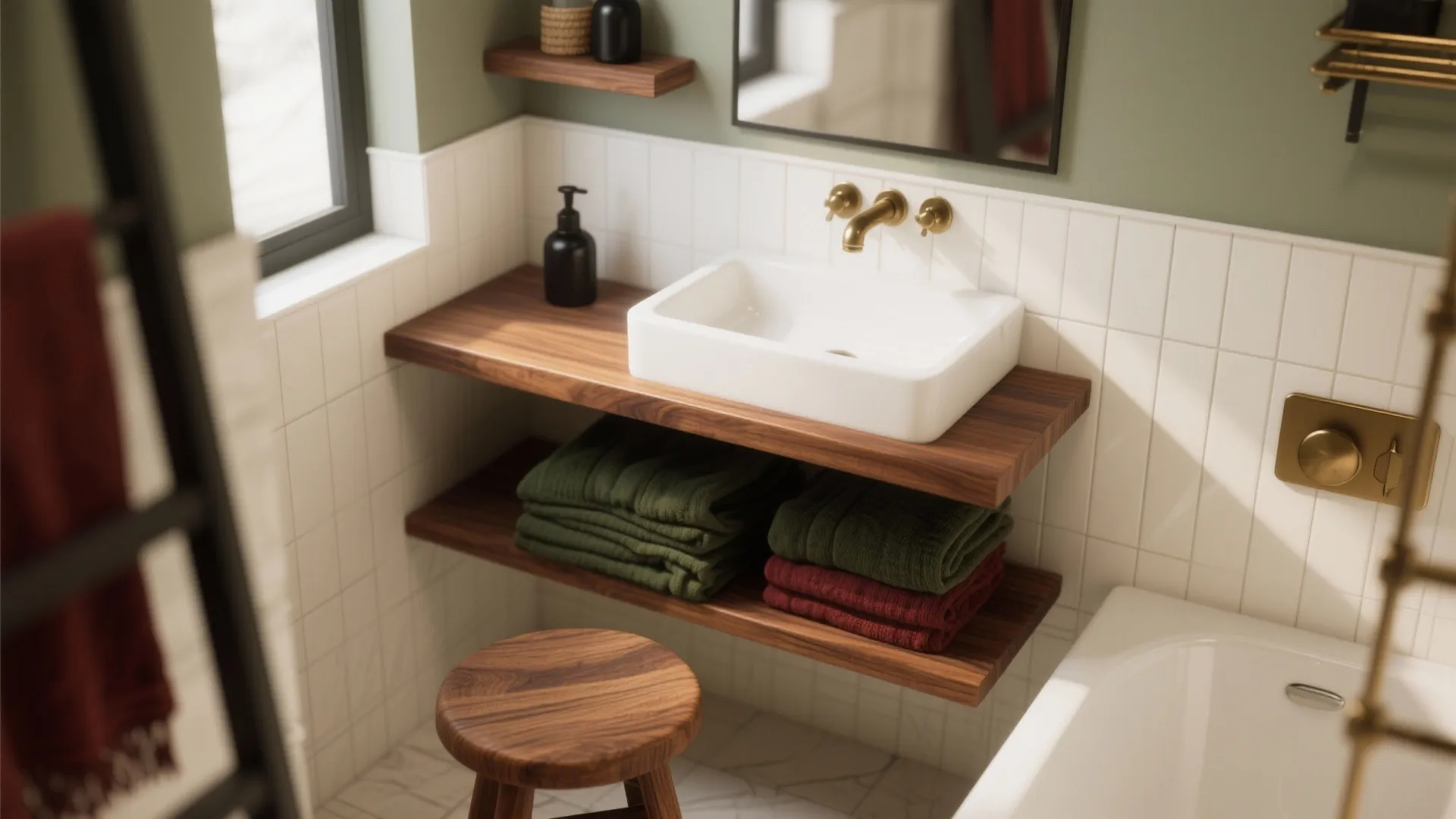 Bathroom vanity with white sink wood shelves green towels gold faucet and green wall paint