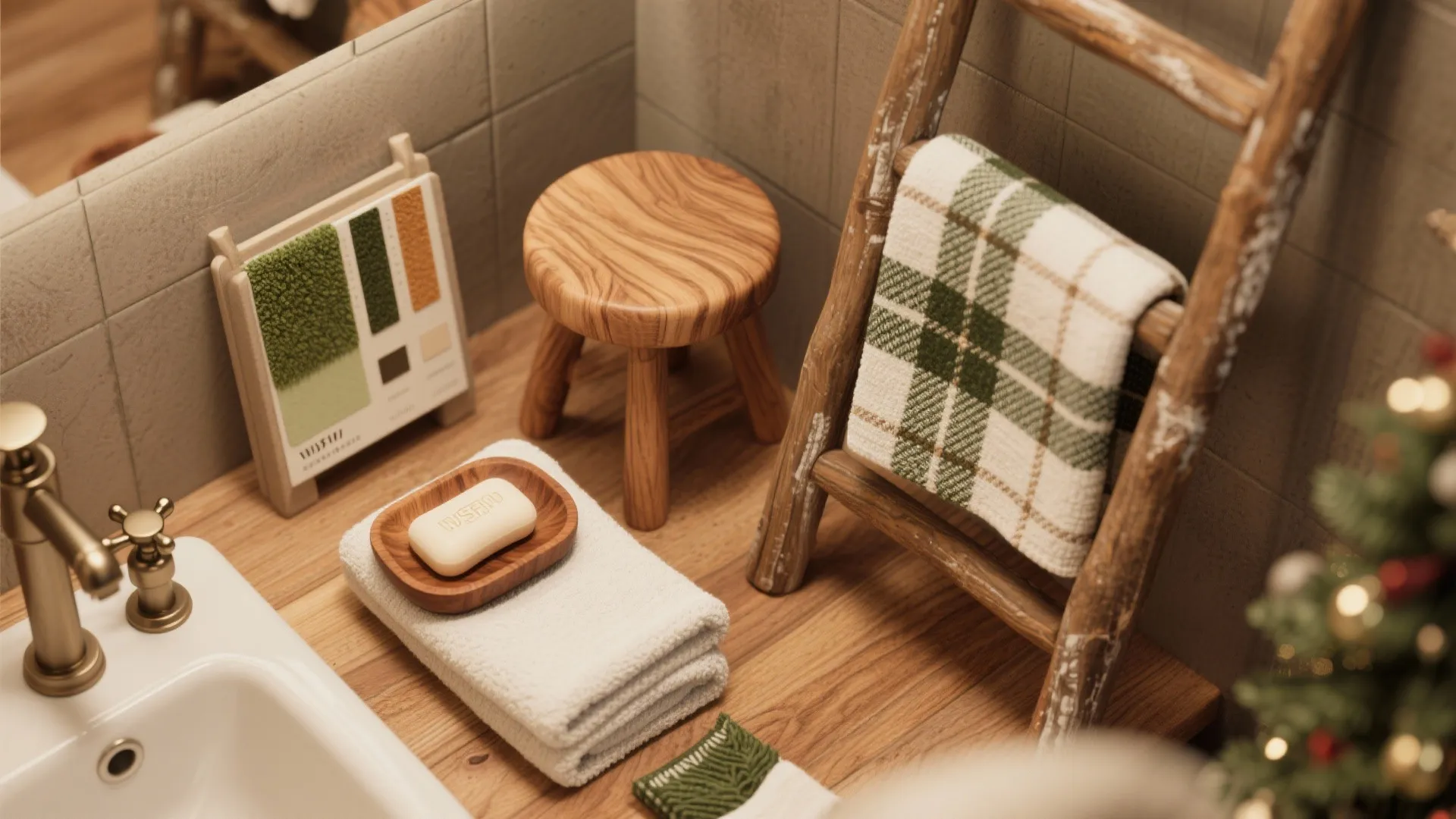Top-down view of teak wood accents and plaid holiday textiles styled for a bathroom.
