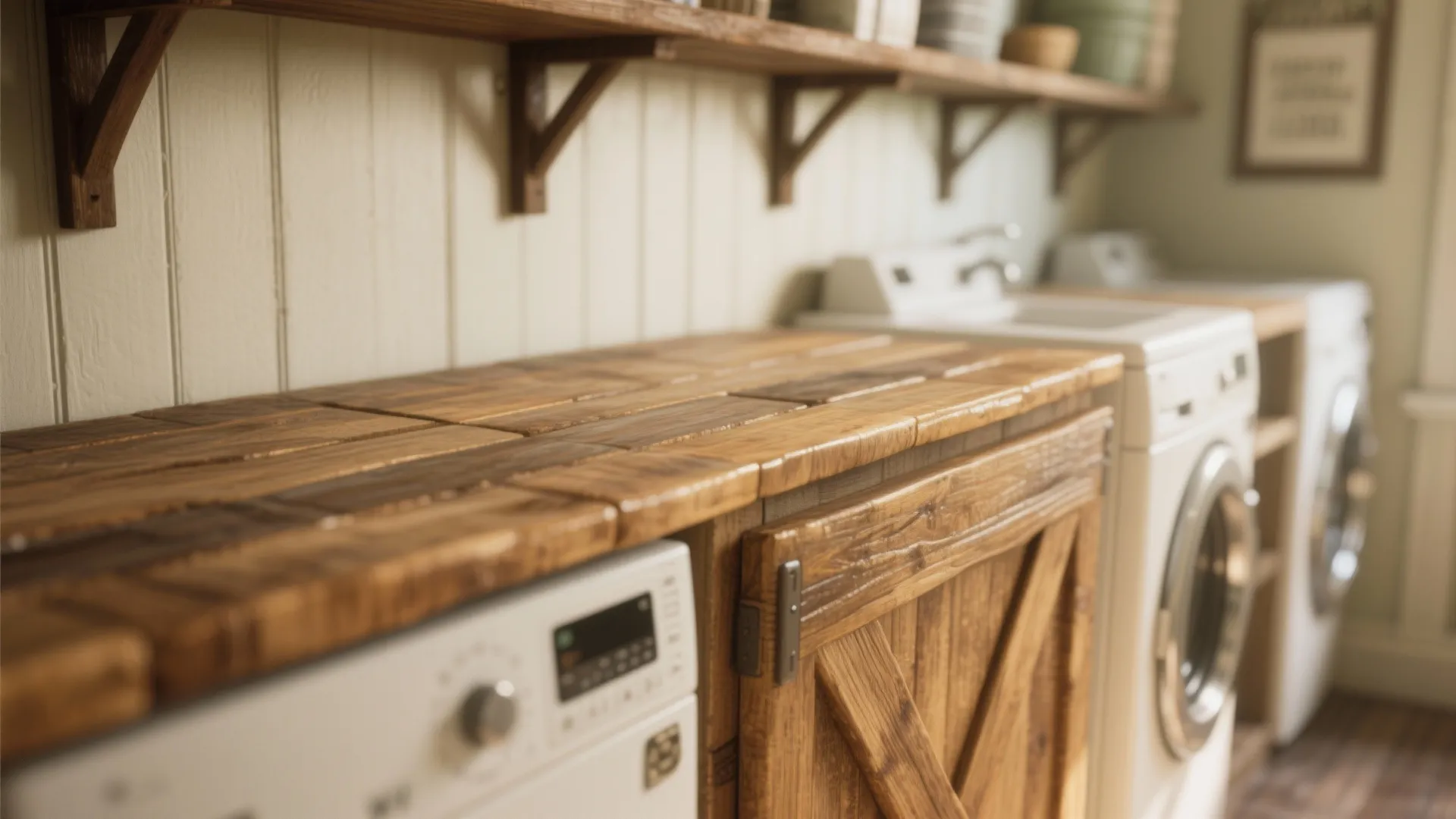 Rustic laundry room with wood countertop over washing machine and dryer beside wood storage cabinet