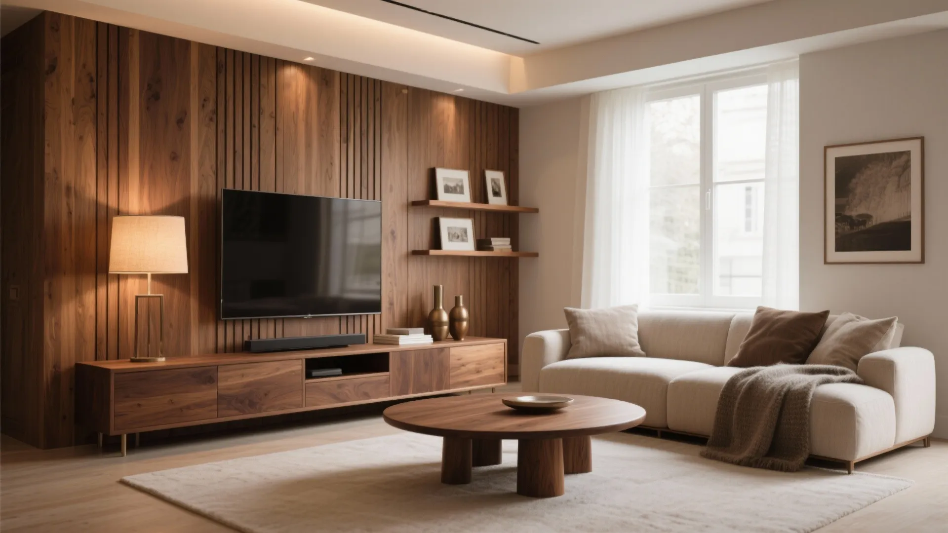 Modern living room featuring wood wall panel, white sofa, round coffee table, and large window