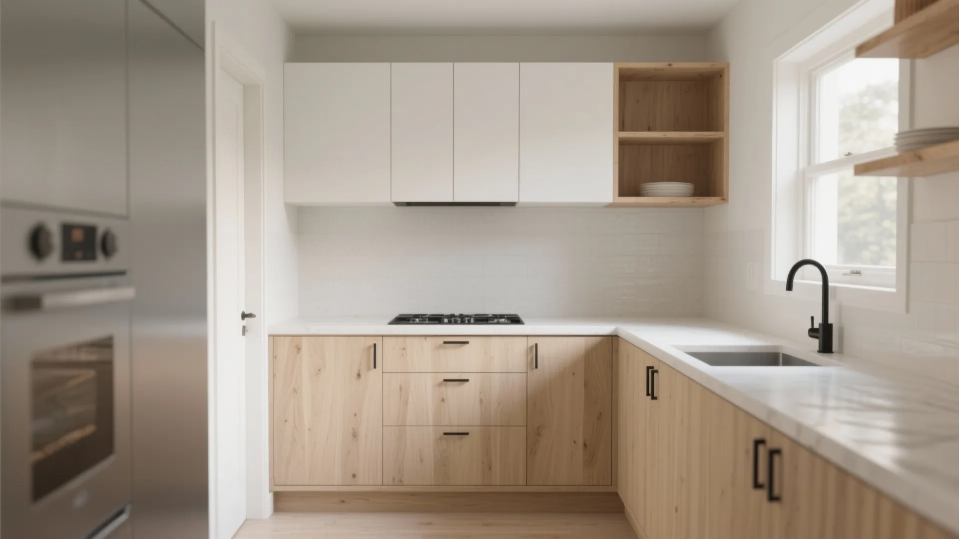 Warmth of wood accents without visual heaviness