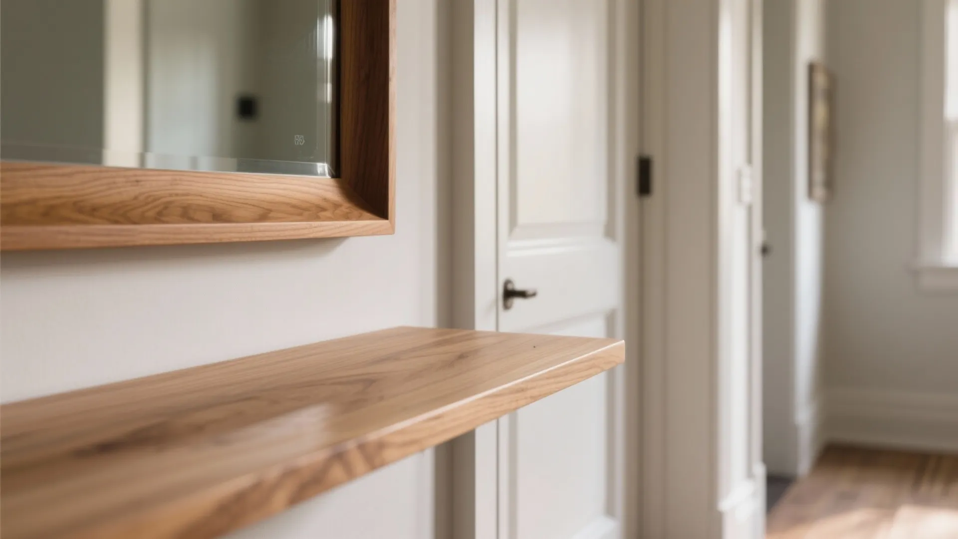 Close up view of wooden wall shelf and mirror frame in a bright minimalist hallway