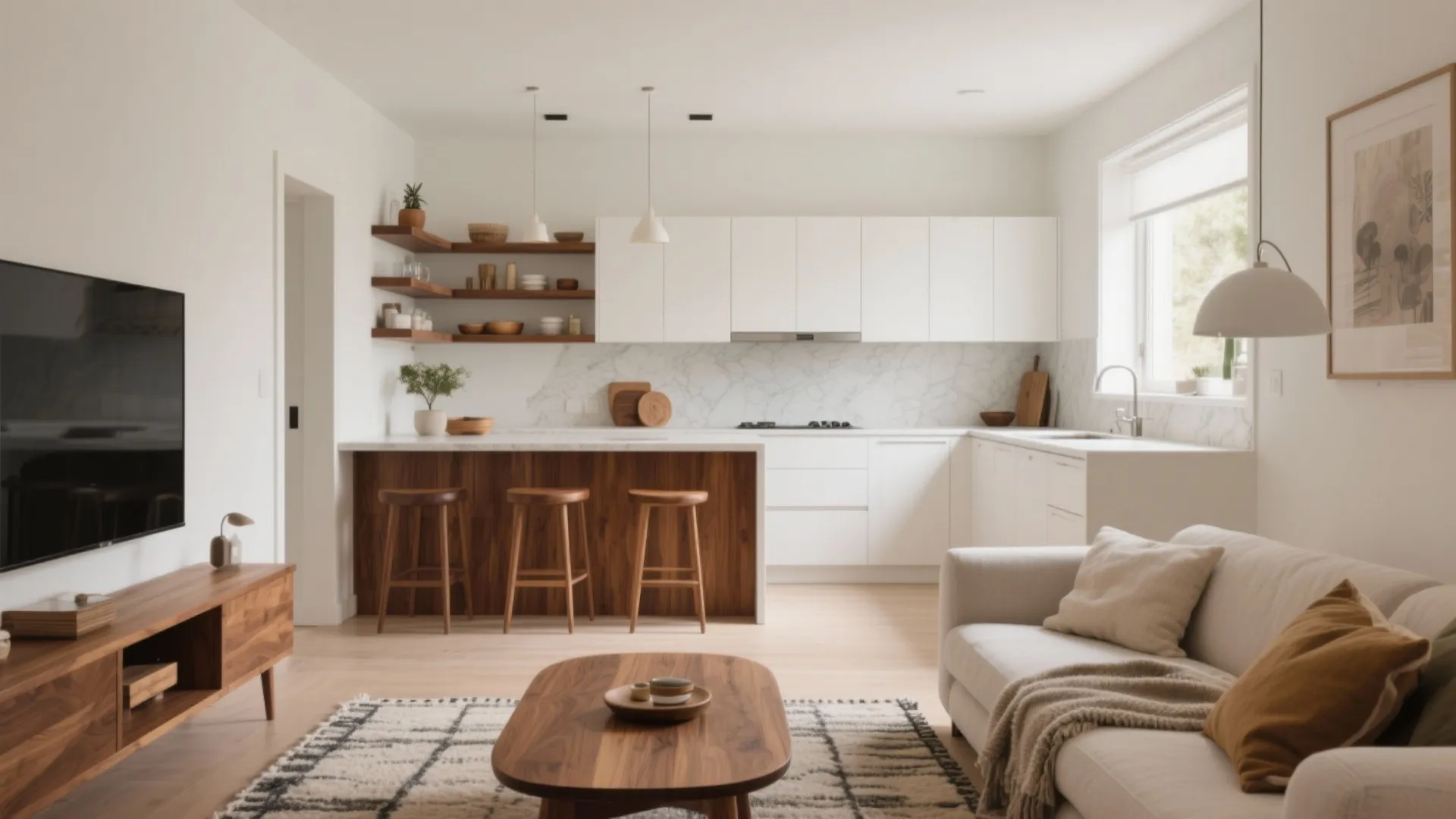 4) Warm wood accents to connect the zones