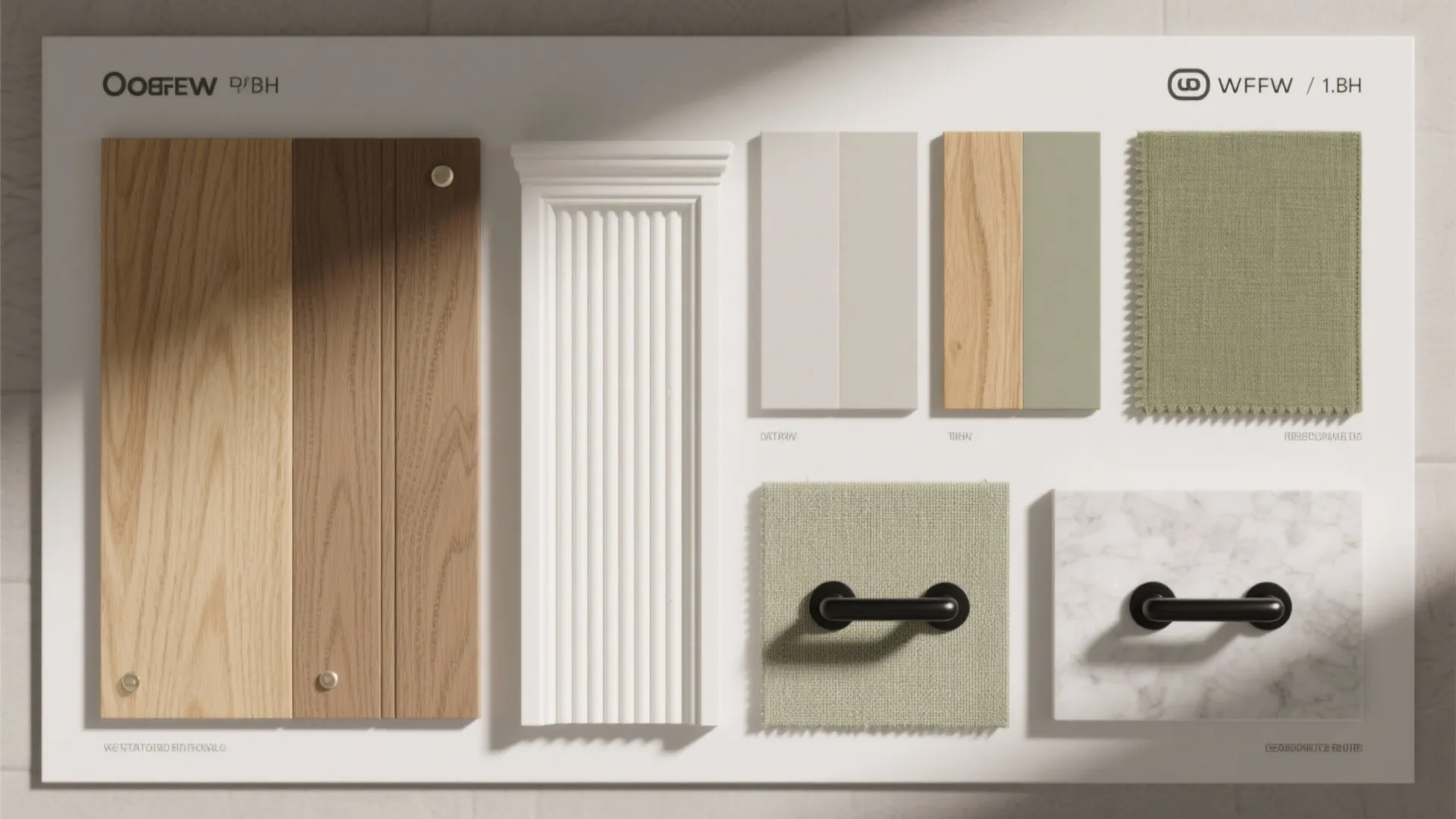 Interior design mood board showing wood samples wall panel fabric swatches and marble with black handles