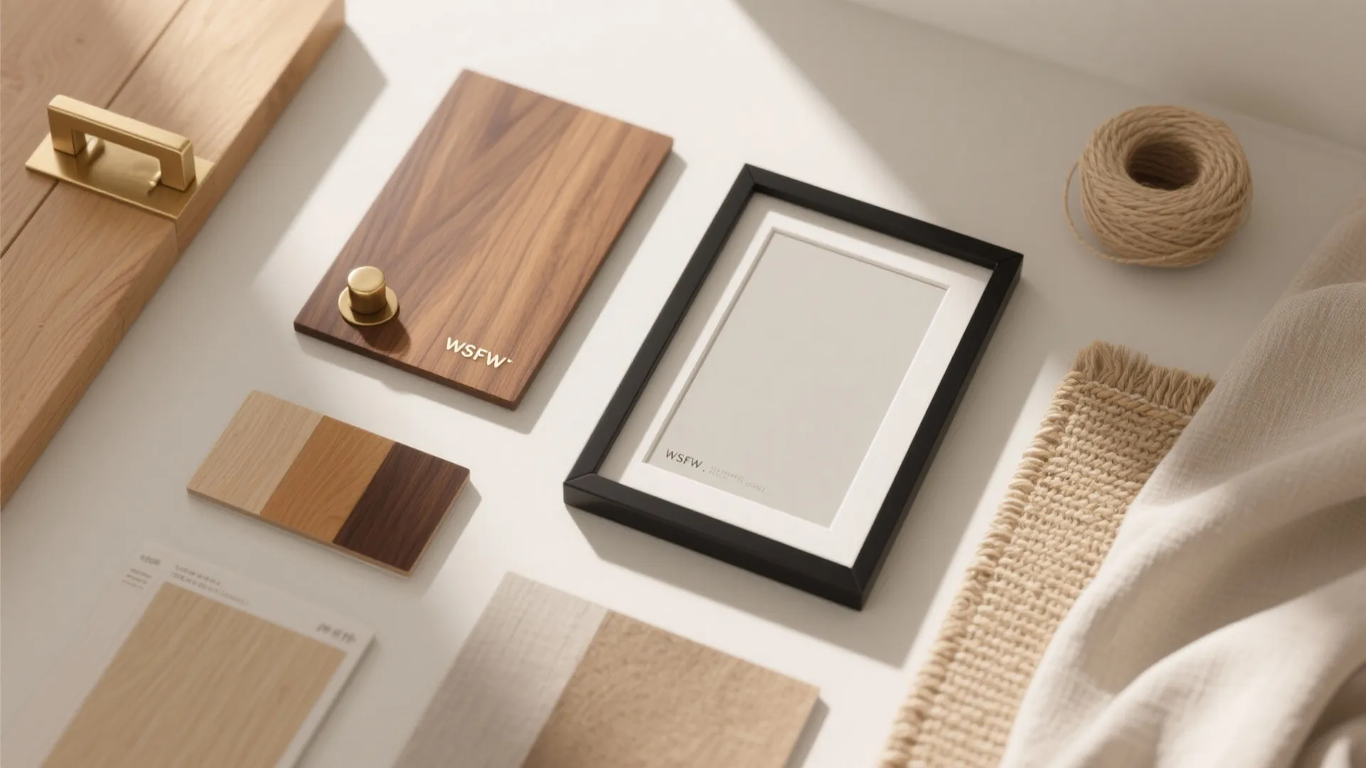 Interior design materials including wood samples gold handles black frame and fabric on white surface