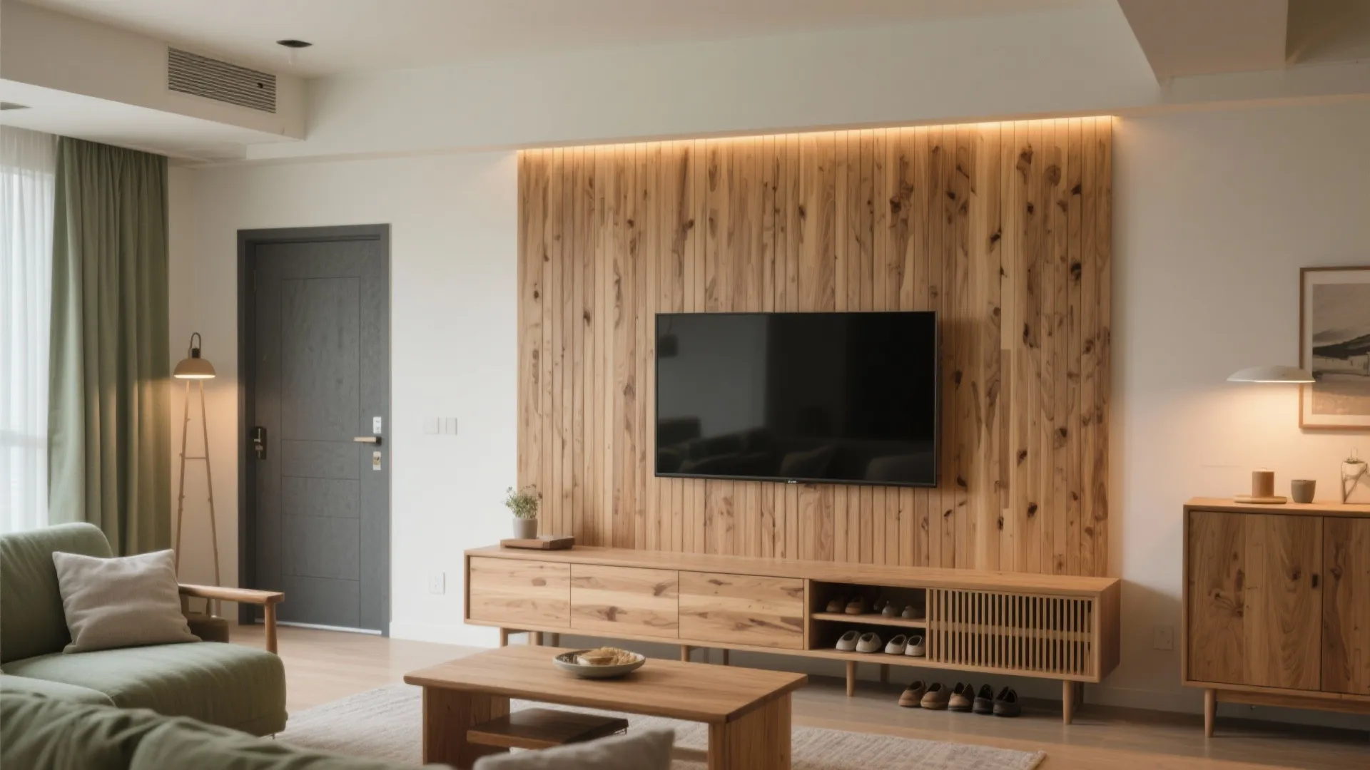 Modern living room featuring a wooden wall panel behind television with matching low wooden storage cabinet