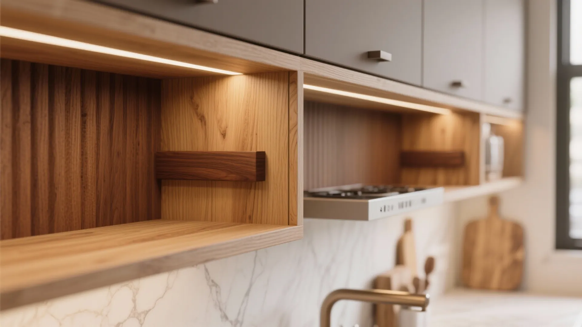 Close up of wooden kitchen shelves with built in light strips under grey wall cabinets