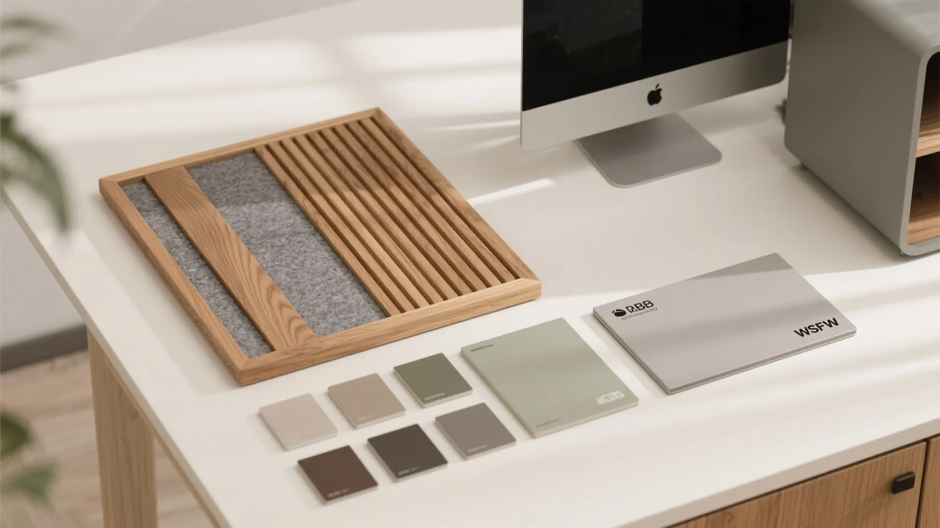Design material samples with wood tray fabric swatches and color tiles on white home office