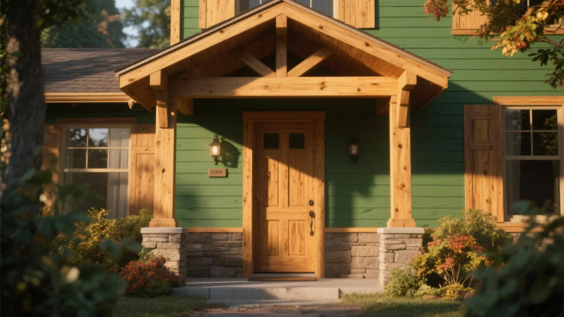 Forest green exterior with cedar front door and wood fascia creating warm contrast.
