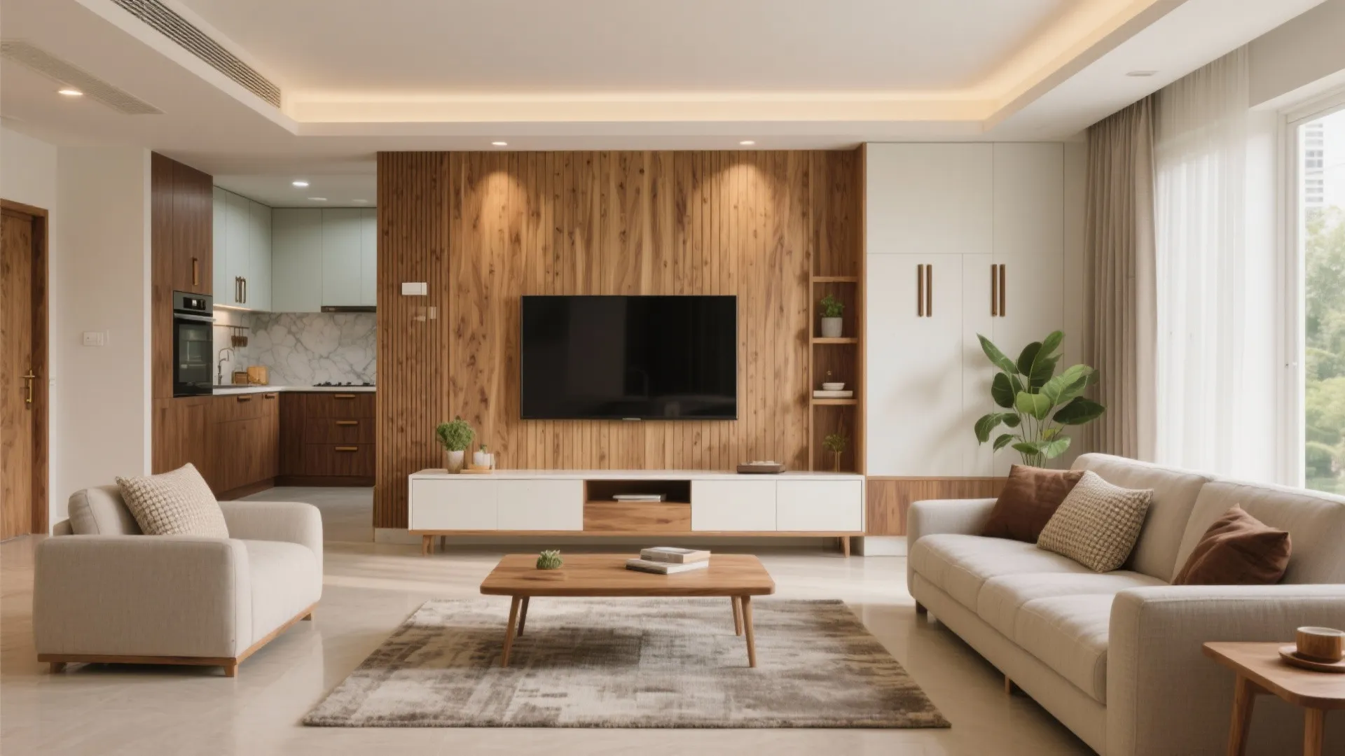 Wood accents that warm up apartment living