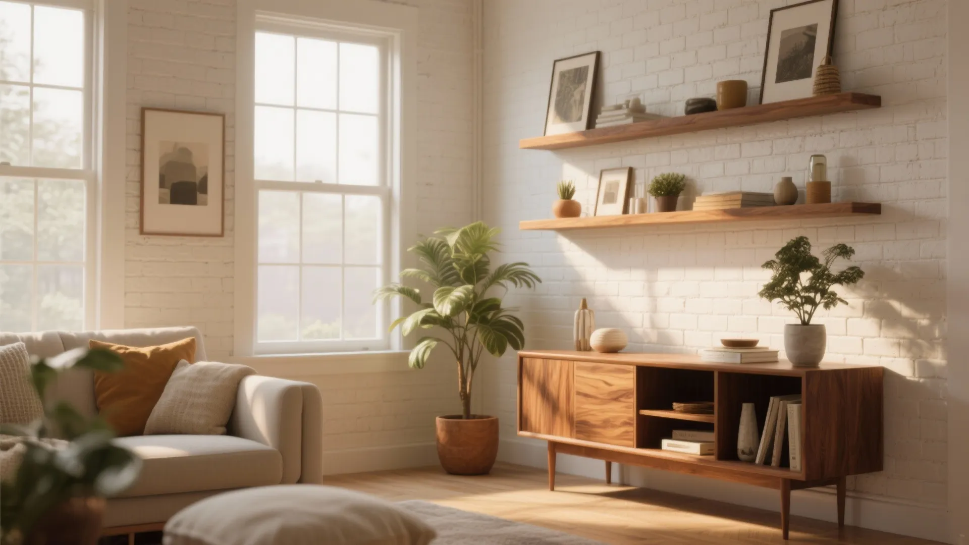White painted brick wall paired with honey-toned floating shelves, a walnut console and houseplants for warmth.