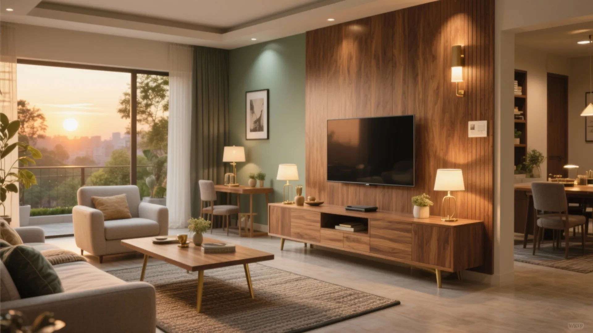 Warm wood accents in living–dining