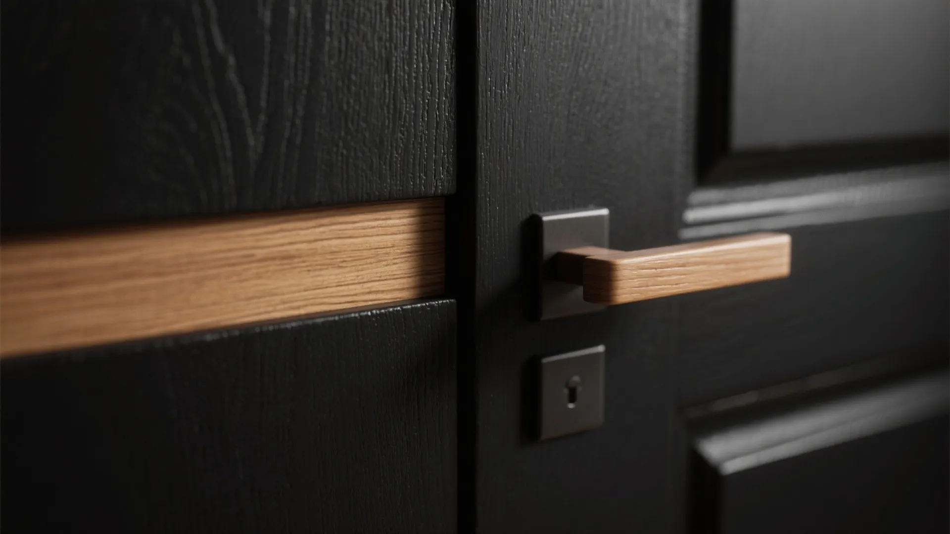 Close-up of a black door with a slim warm wood rail and handle, showing paint and wood textures.