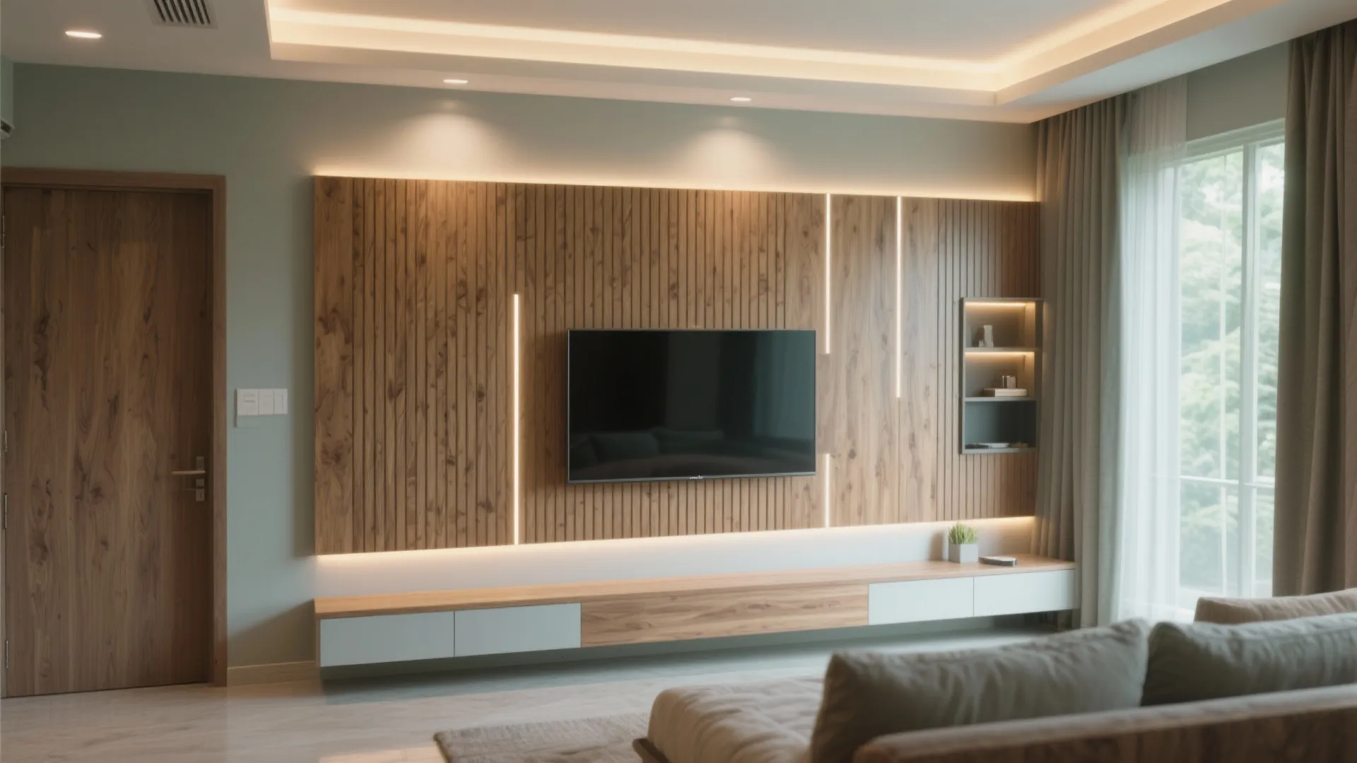 Natural wood accents and layered lighting for warmth