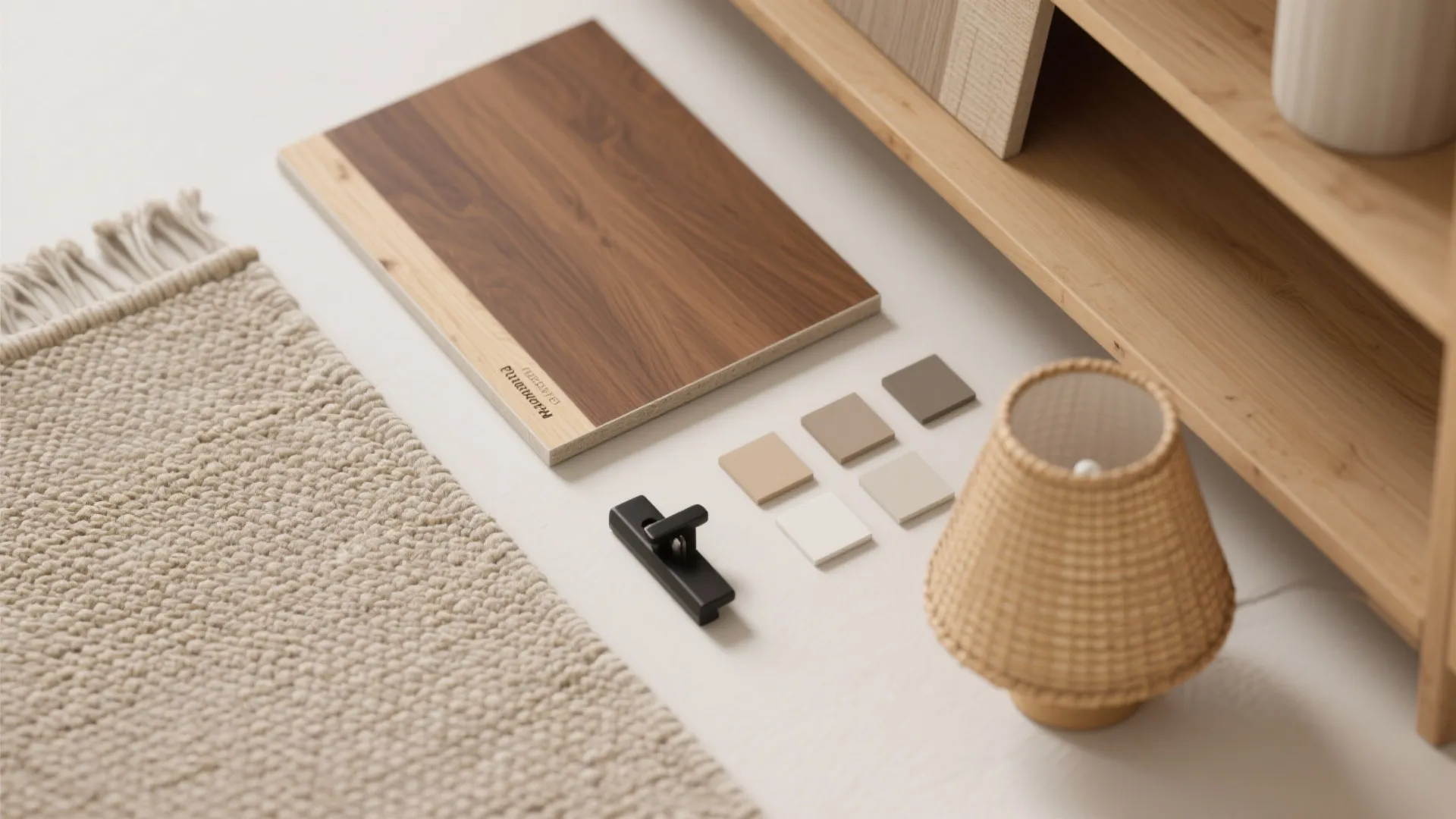 Interior design material board featuring wood samples, color swatches, woven lamp, and textured beige rug