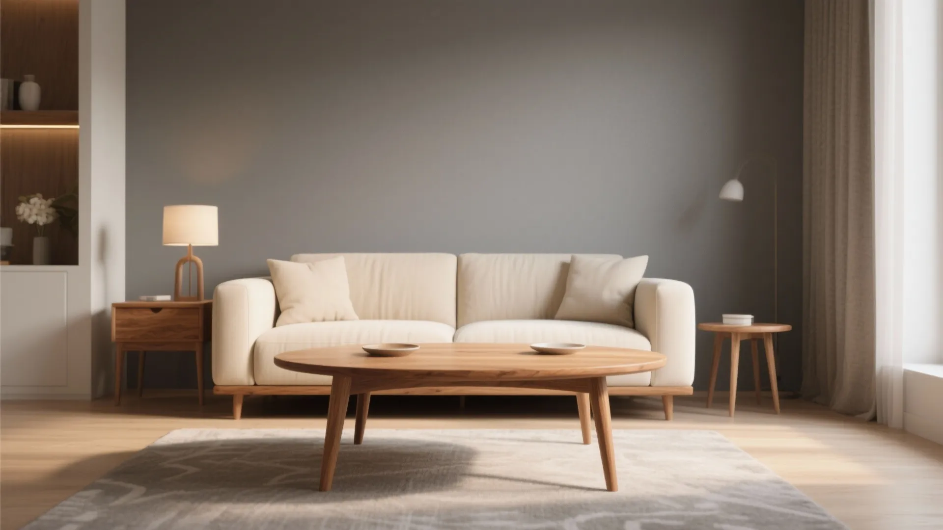 Modern living room with beige sofa wooden coffee table grey wall and natural warm lighting