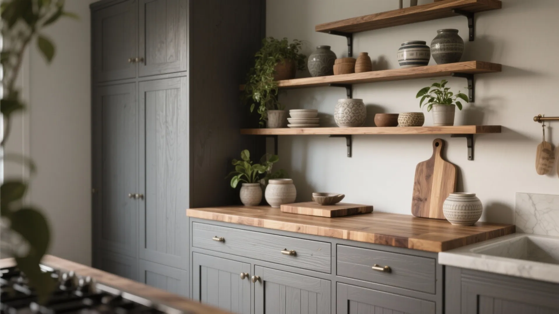 Rustic grey kitchen cabinets with wood countertop and open wooden shelves holding plants and pottery
