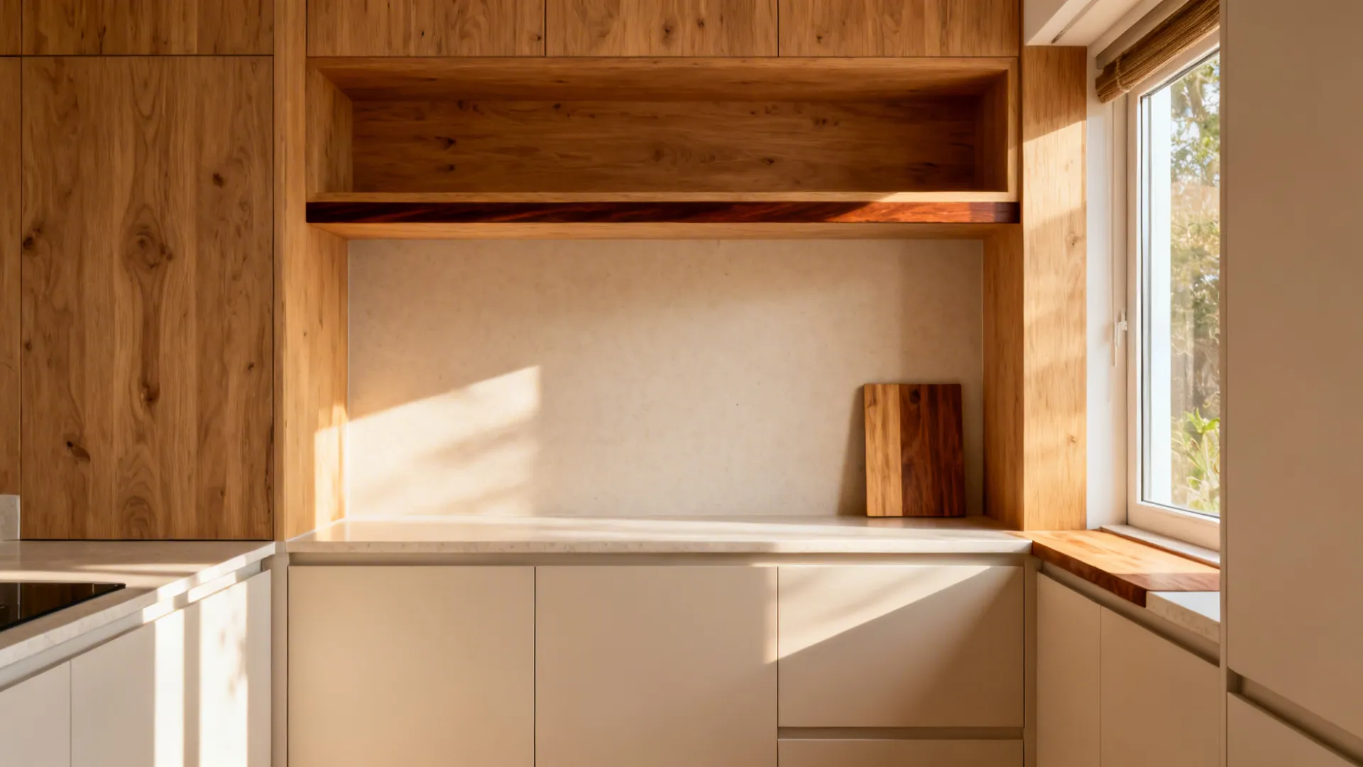 Neutral 10x7 kitchen featuring rift oak shelf, walnut trim, and a small butcher-block section for warmth.