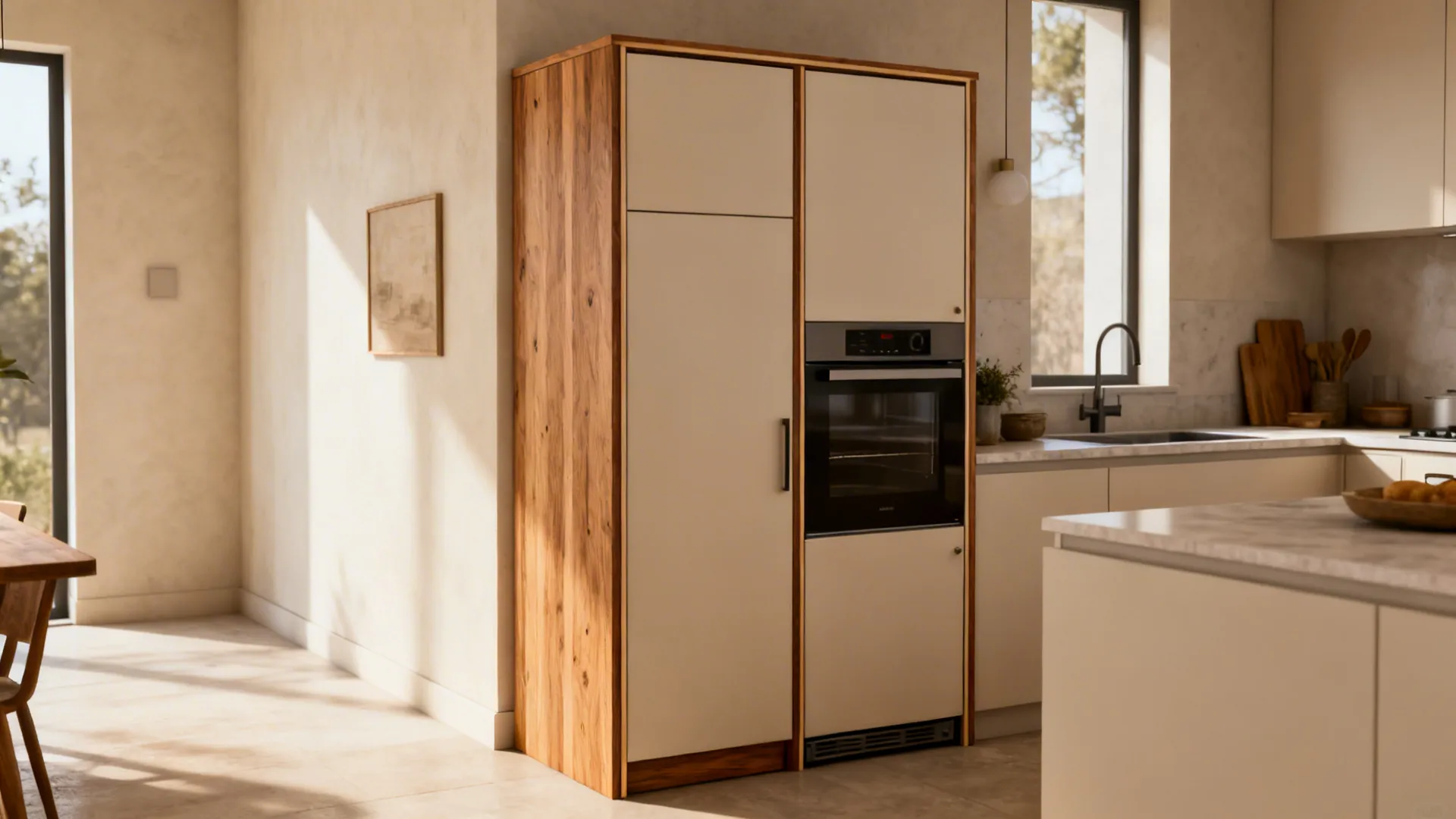 Compact kitchen with oak veneer accents on tall units and neutral matte modules.