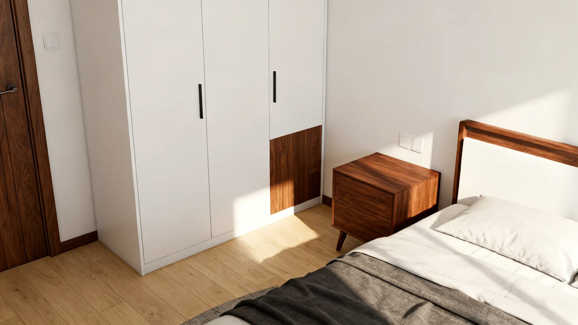 White bedroom with walnut bedside table and light oak floor adding warmth