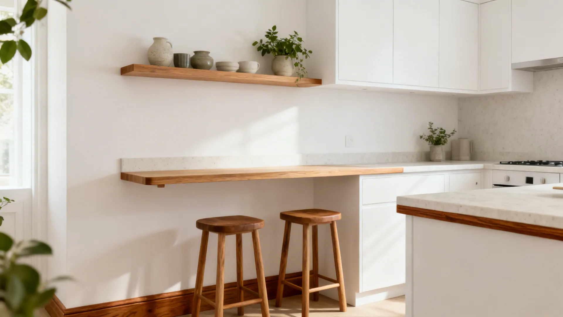 Small white kitchen with slim oak shelf, oak toe-kick, and wood stool seats for added warmth.