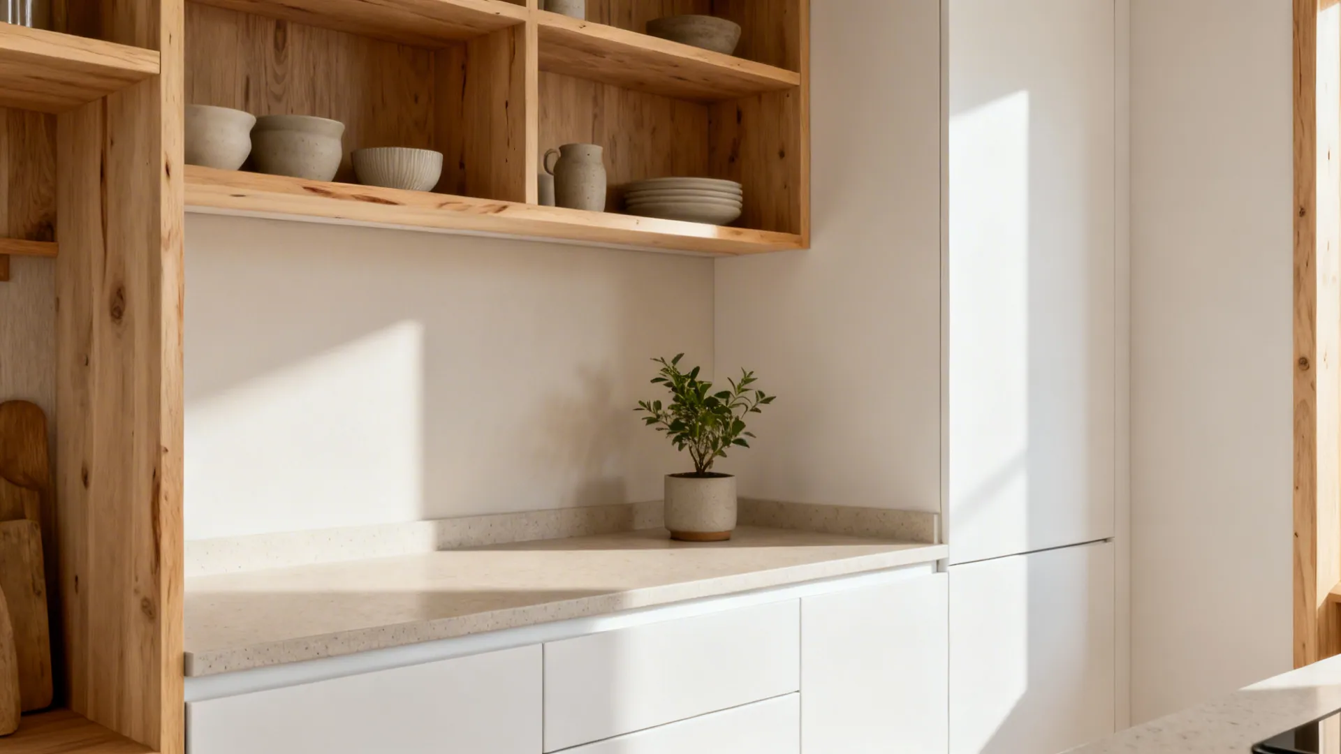Small white kitchen with light oak open shelves and warm wood trim for a cozy feel.