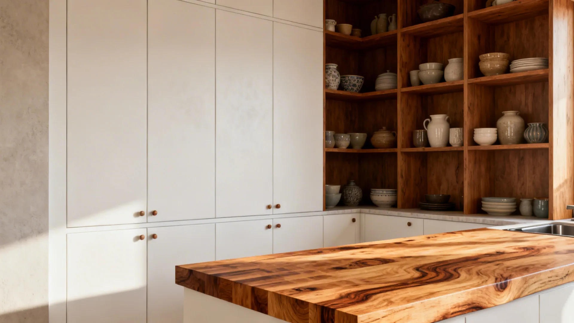 Matte white cabinets with warm wood open shelving and a butcher-block island in a small kitchen