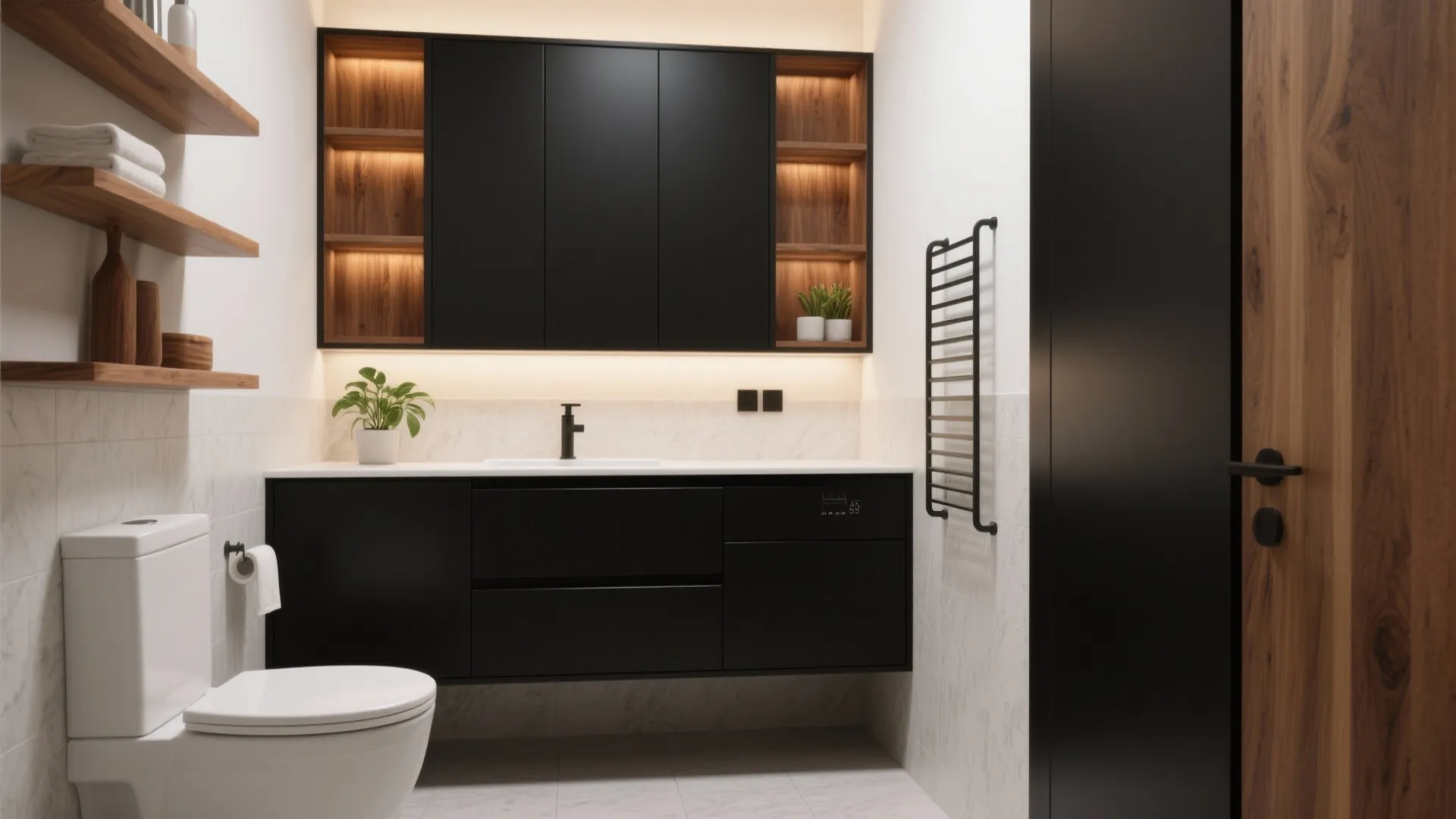 4. Mix materials: wood accents with a 36" black vanity