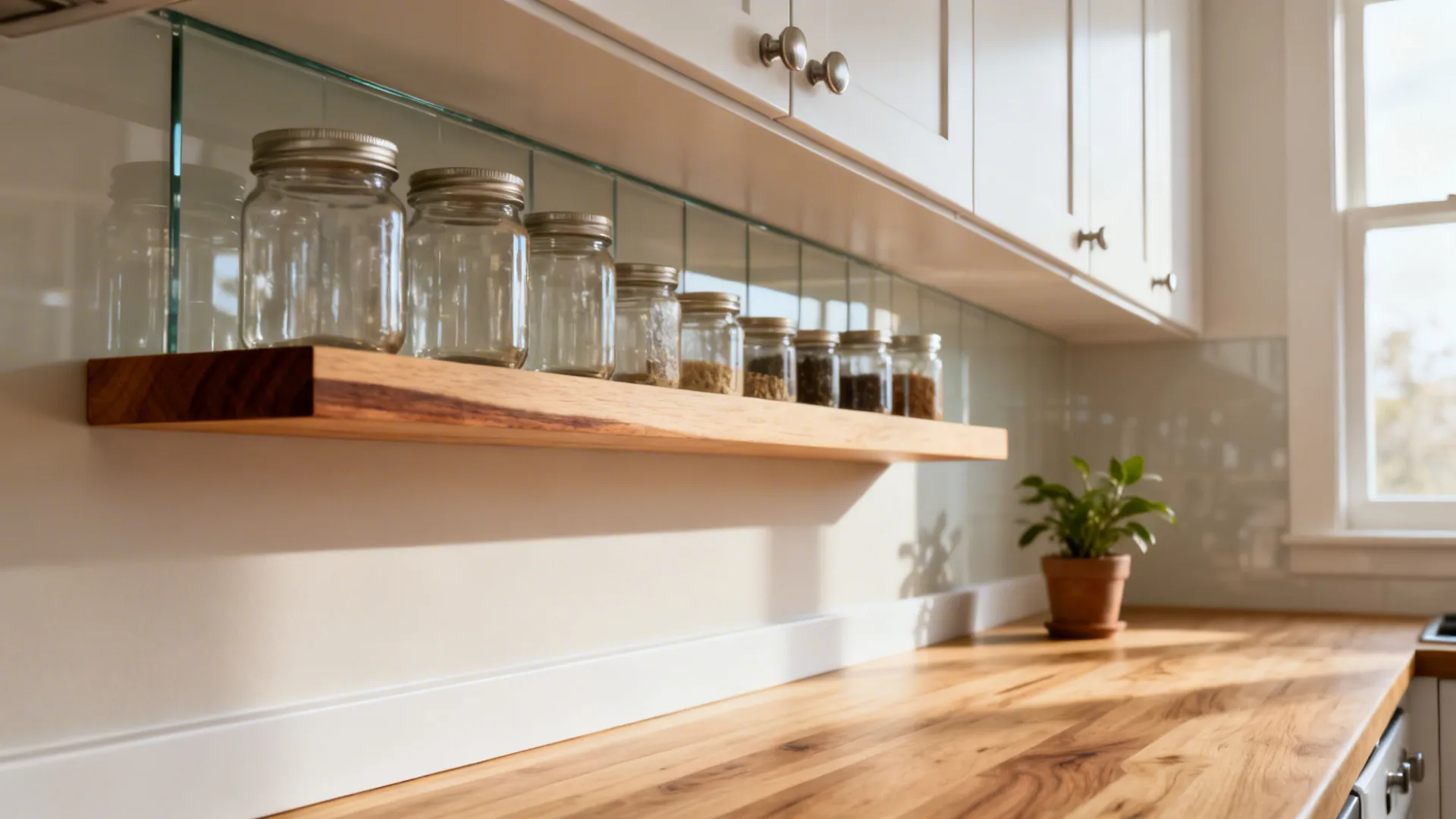 Compact kitchen with matte white cabinets and light oak accents including a slim floating shelf and toe-kick.