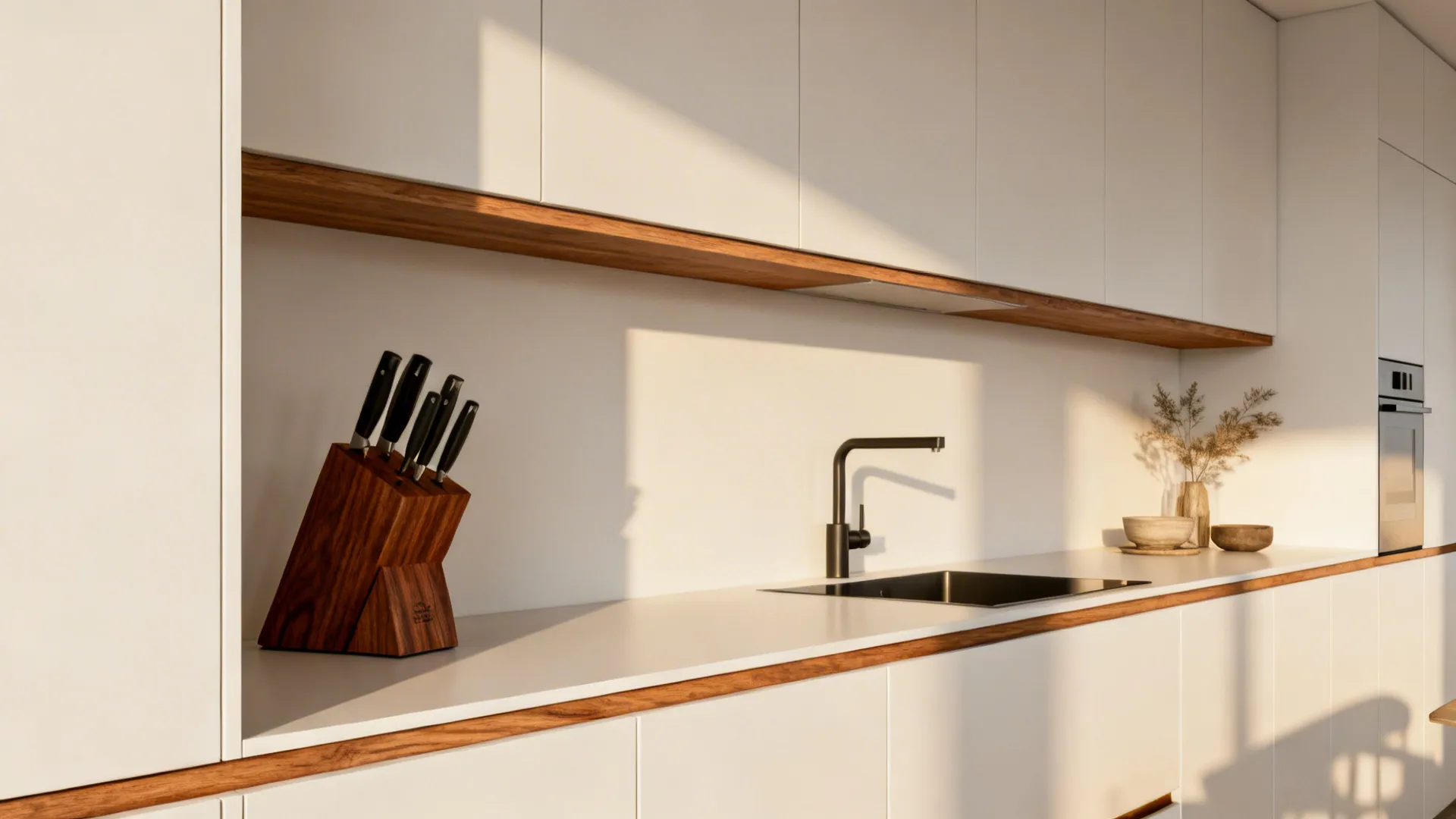 Small kitchen with matte white cabinets and subtle oak and walnut accents for warmth.