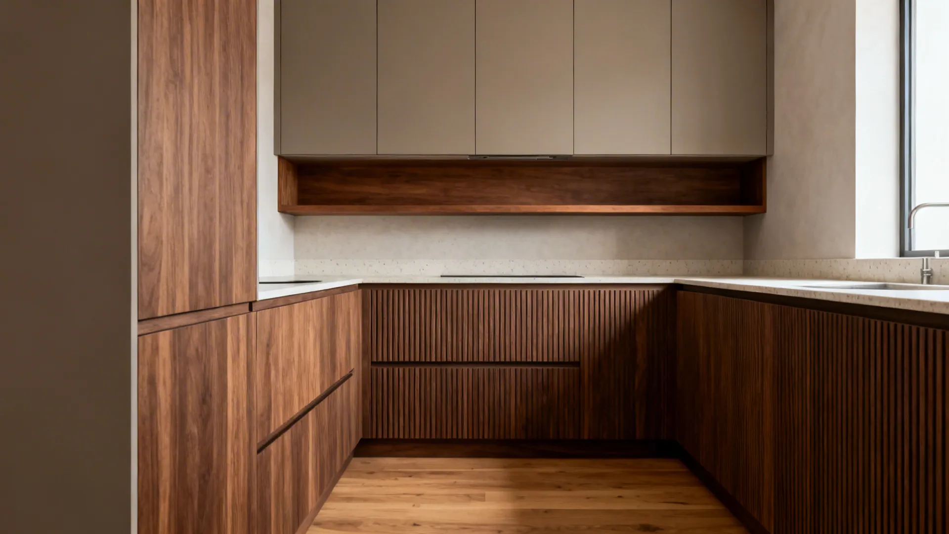 Compact kitchen with restrained wood bases and matte neutral uppers.